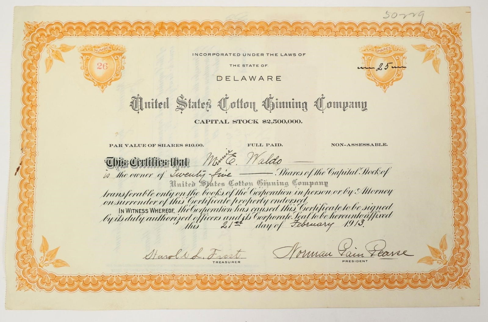 United States Cotton Ginning Stock Certificate: Collectible United States Cotton Ginning Company stock certificate issued in 1913. It was issued to a "M. Waldo" on February 21, 1913.