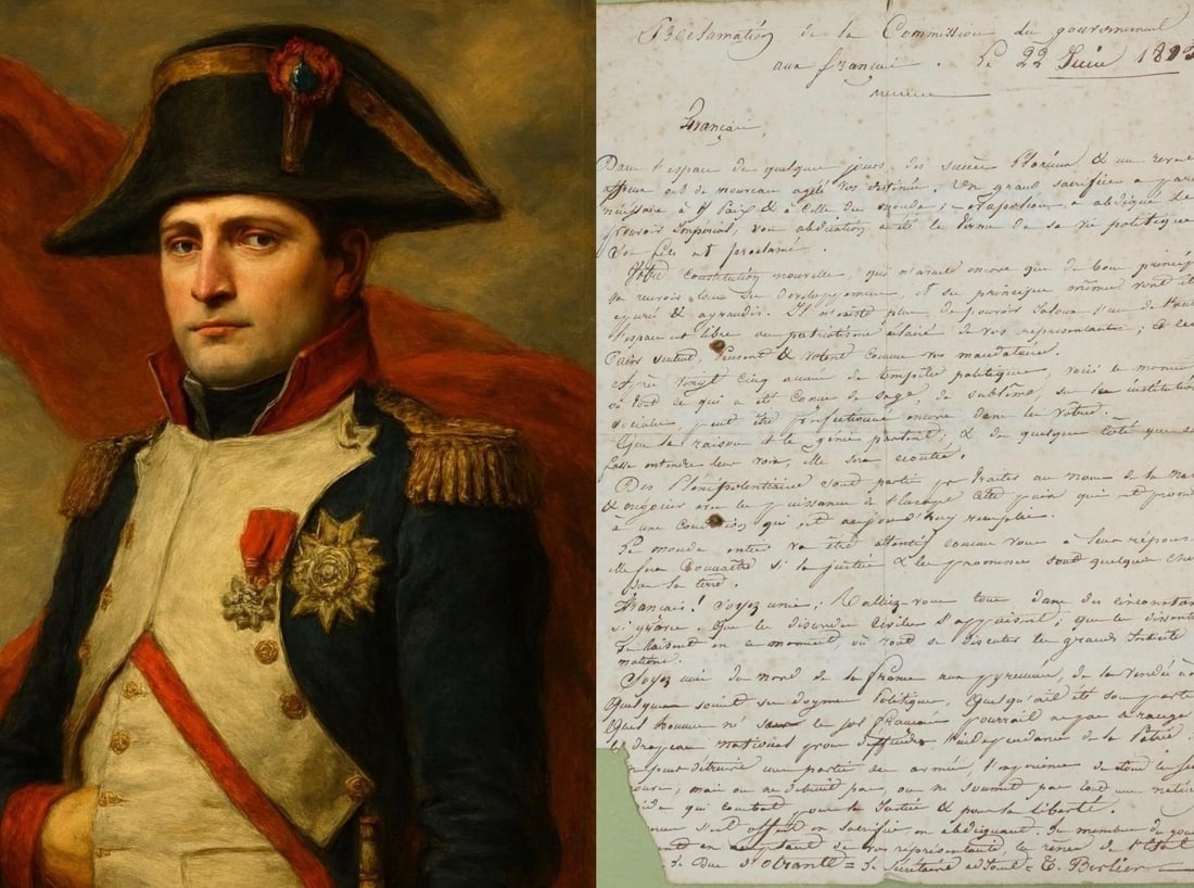 1815 Napoleon Government Proclamation Copy: Napoléon Bonaparte (1769-1821), empereur des Français - Copie manuscrite d'époque de la "Proclamation de la Commission du gouvernement aux Français le 22 - 1815Context: On June 22, 1815, at the É