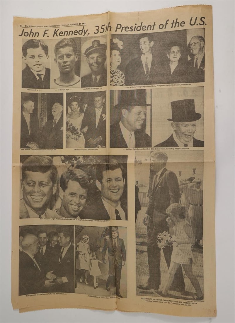 Atlanta Journal Constitution JFK 1963: Pages from The Atlanta Journal and Constitution. Includes the feature "A Homespun, Wily Texan Worked His Way to Top" with photos of President Lyndon B. Johnson and family, headlines such as "Pioneer