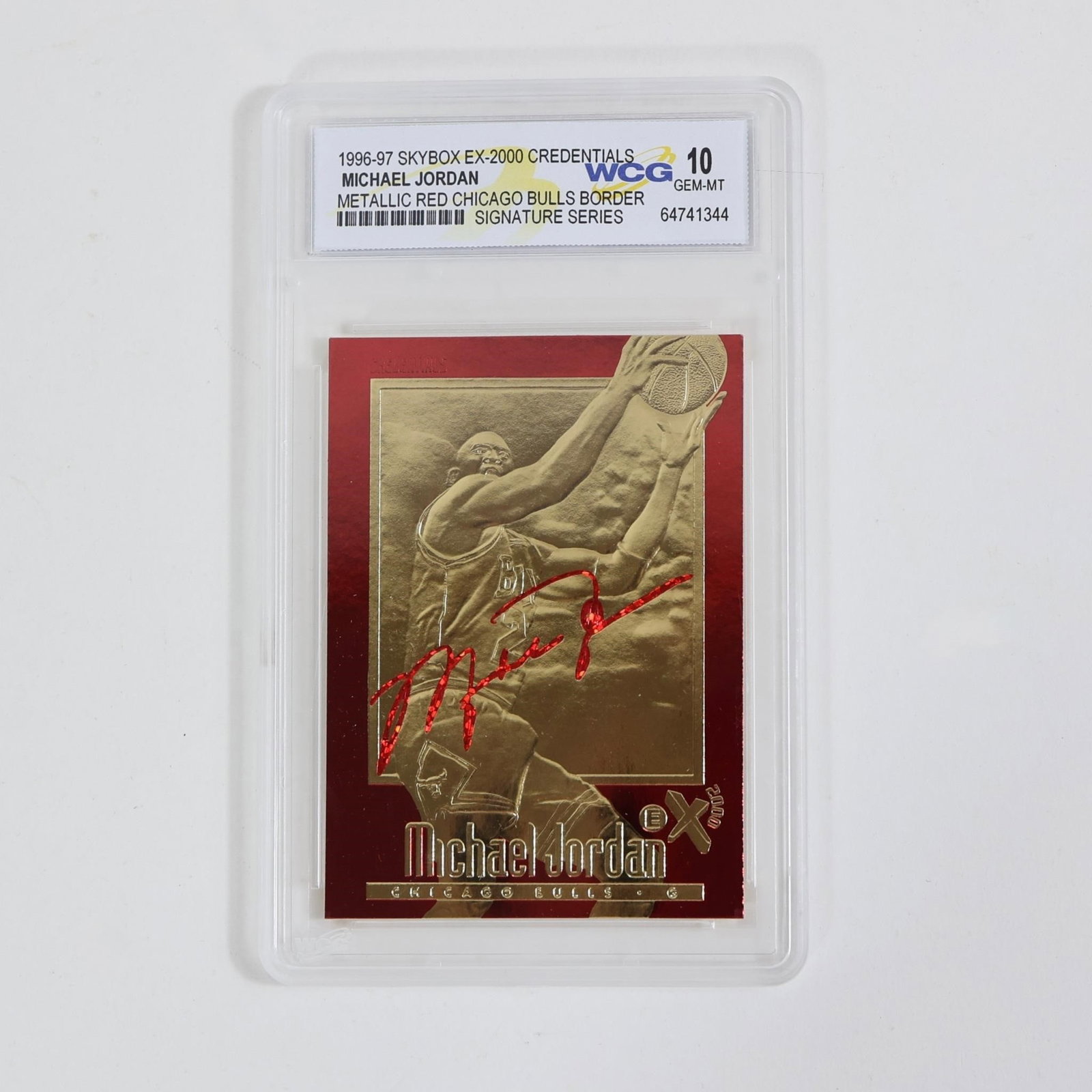 Michael Jordan Metallic Red Card WCG 10: SkyBox - Chicago Bulls - NBA Basketball - Michael Jordan - Gold Card ( 23K ) - Grade 10Limited Edition23kt Gold LayeredGem-Mint Condition Grade 10In NEW conditionOfficially Licensed by Skybox and the