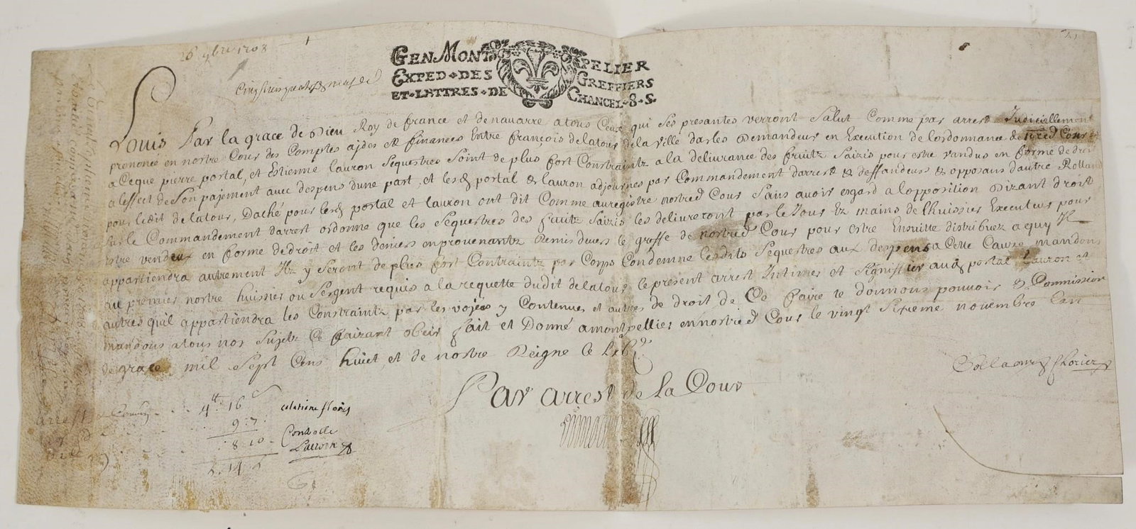 Louis XIV 1708 Royal Decree Manuscript: Louis XIV, Roi de France et de Navarre. - Ordonnance Royale- Cour des Comptes. - 1708 Royal Decree - Court of Auditors. Louis XIV - Montpellier - 1708 Original handwritten sheet on parchment (animal s