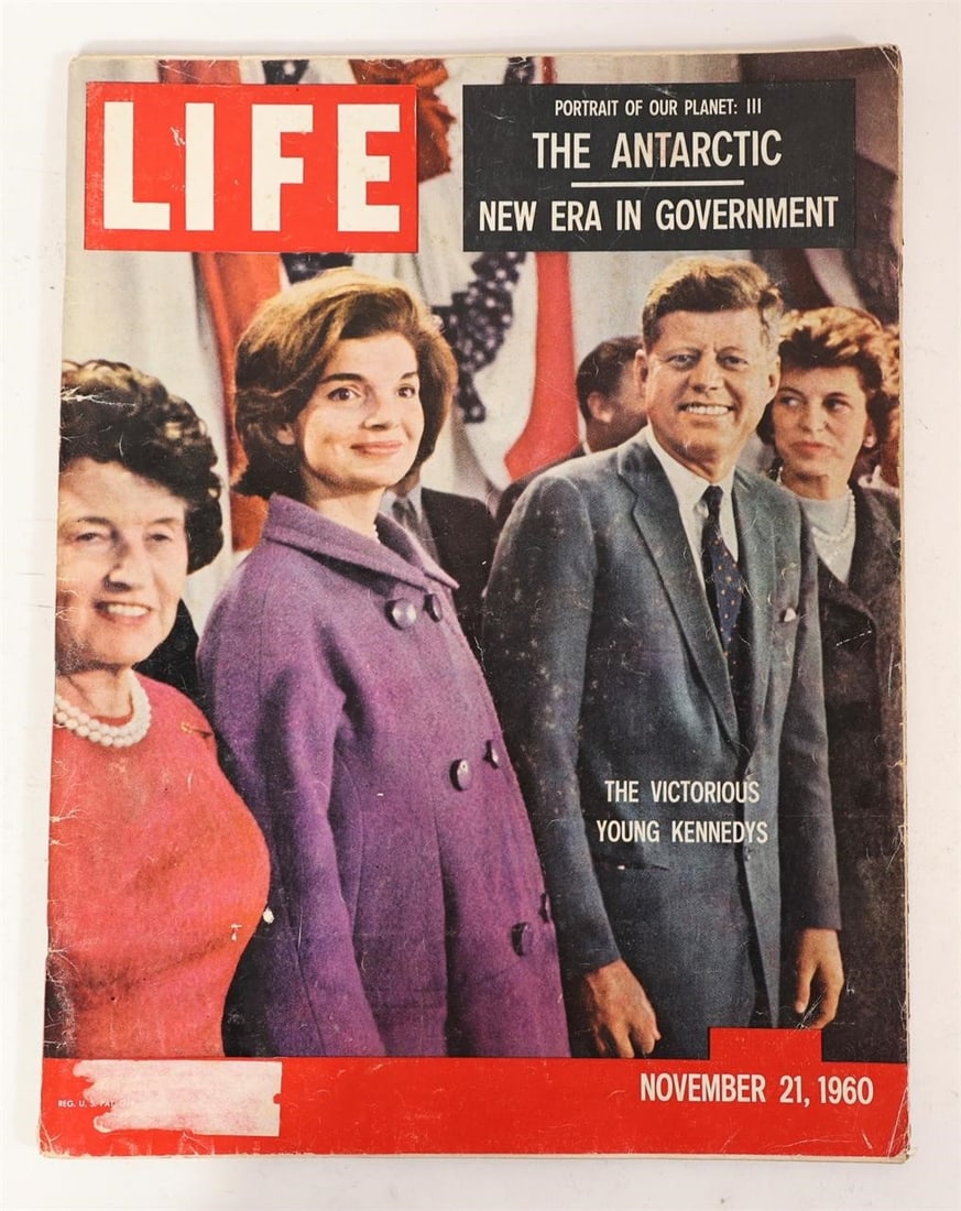 1960 LIFE Magazine - The Young Kennedys Cover: LIFE magazine issue dated November 21, 1960 featuring President John F. Kennedy and Jacqueline Kennedy on the cover titled "The Victorious Young Kennedys." Historic American publication from the early