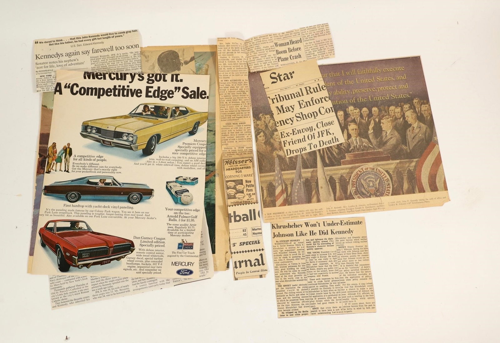 JFK Era Newspaper Clippings Lot: Collection of vintage newspaper clippings, advertisements, and magazine pages related to the era of President John F. Kennedy and events surrounding the Kennedy family. Includes period news headlines,