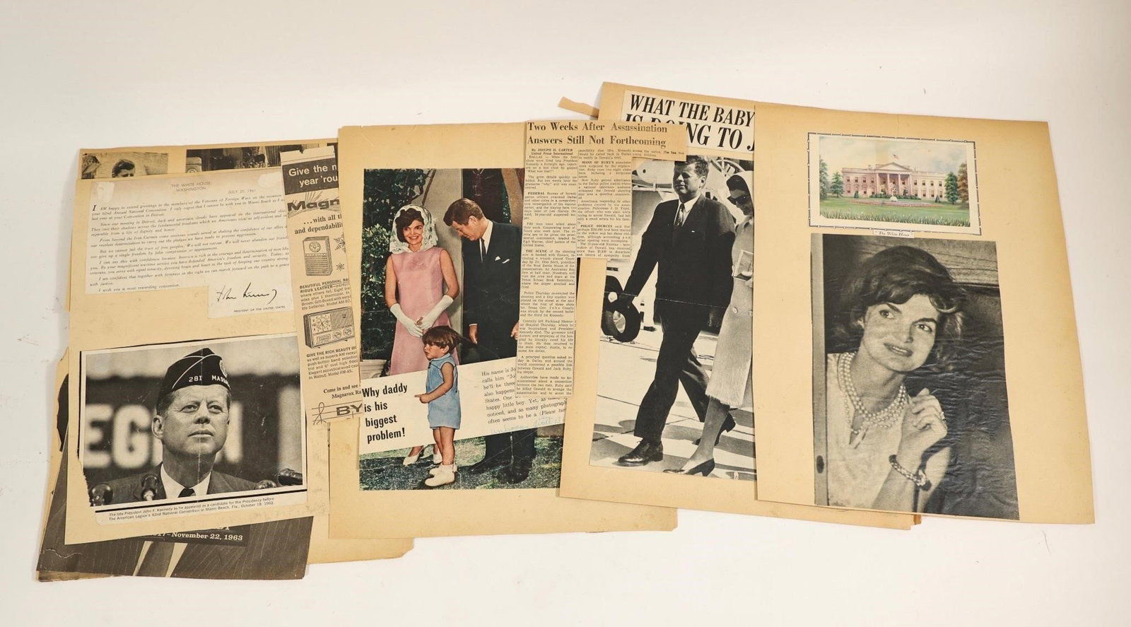 JFK Jackie Kennedy Vintage Magazine Clippings Lot: Collection of vintage magazine pages and newspaper clippings featuring President John F. Kennedy, Jacqueline Kennedy, and the Kennedy family. Includes photographs, articles, and printed images from th