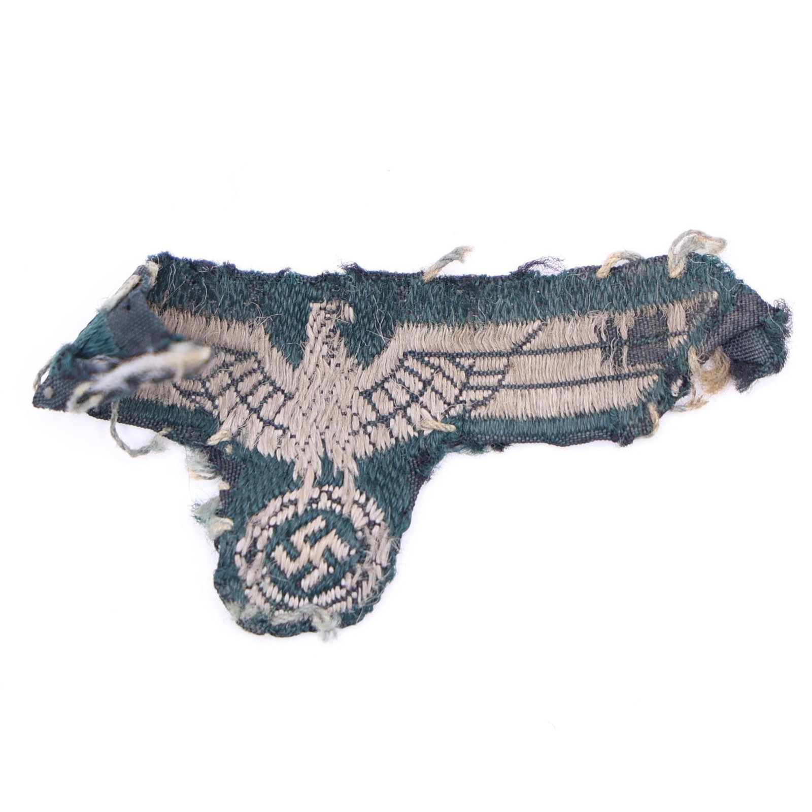 WWll Panzel Side Cap Eagle: German Army Panzer troops side cap eagle in the smaller size, BeVo-woven construction. Features a stylized national eagle in fine machine weave with crisp detail. Removed-from-uniform condition, showi