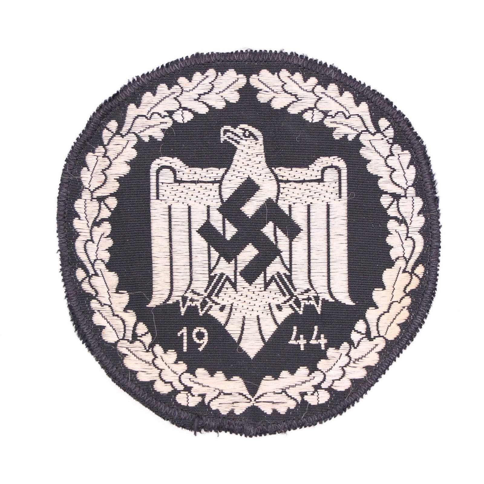 WWII German DRL Silver Sports Badge 1944: This is an original World War II German National Socialist League of the Reich for Physical Exercise (NSRL/DRL) Silver Sports cloth badge, dated 1944. The cloth badge was machine-woven in silver-color