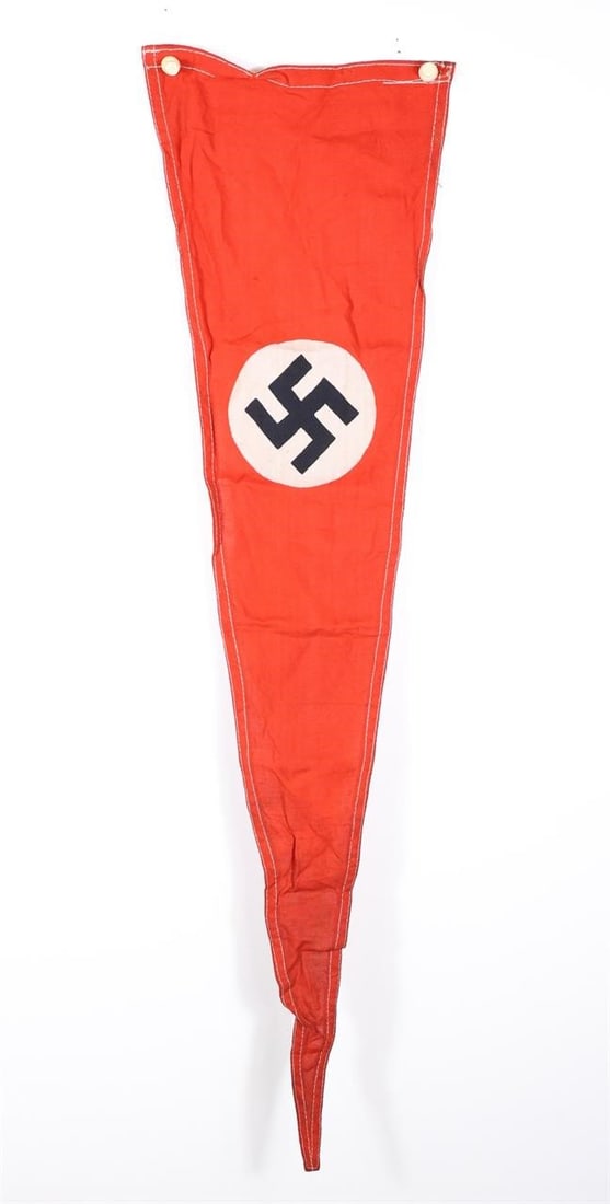 WWll German Red Flag: Red cloth flag with a white circular roundel at the center, bearing a black angled swastika. Measures approximately 27 × 7 inches.