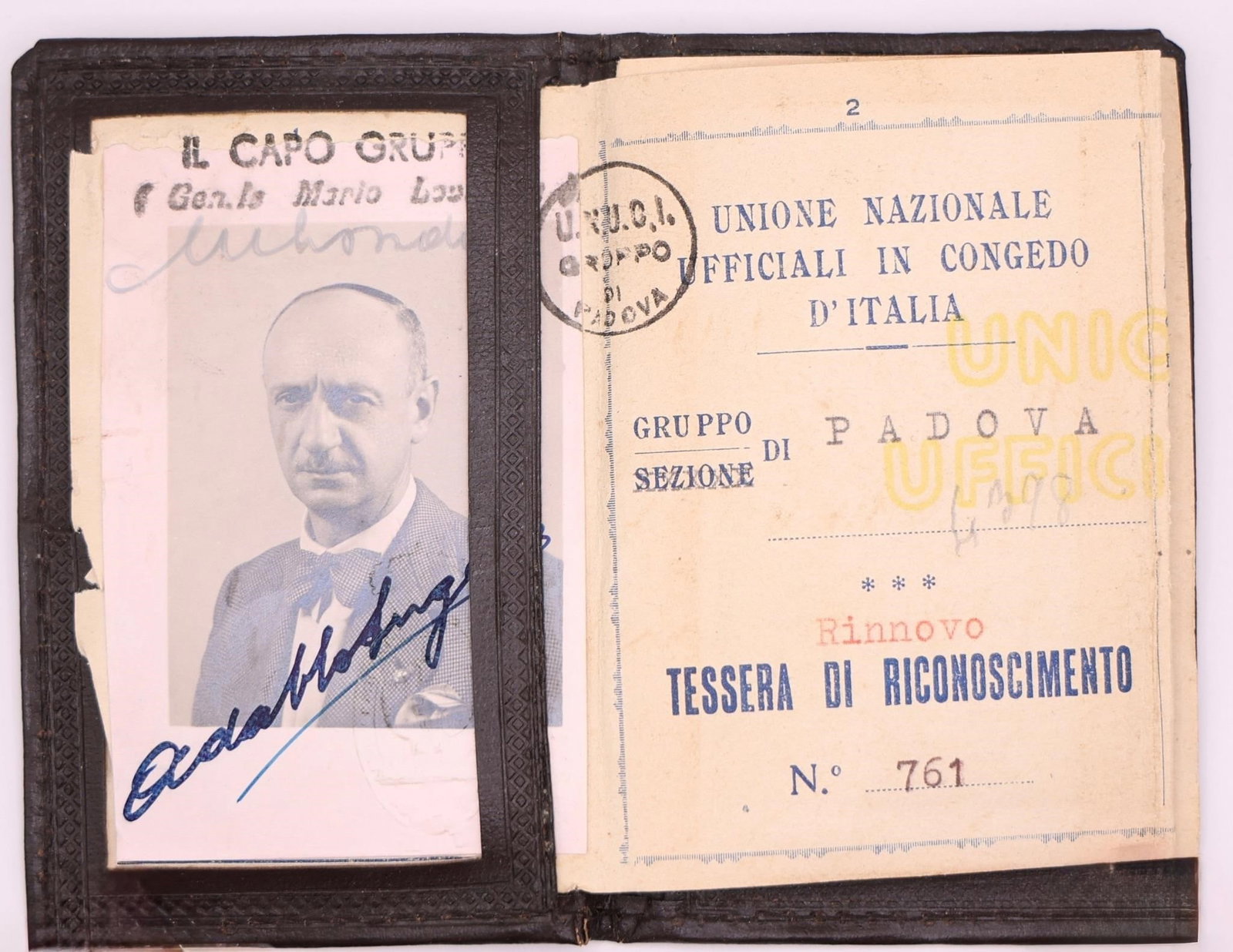RSI Italy UNUCI Officer ID Card Padua: UNUCI lot.UNUCI membership card of a Lieutenant of Artillery born in Buenos Aires, issued by the Padua District in 1943 and the UNUCI card of 1944 (Social Republic).