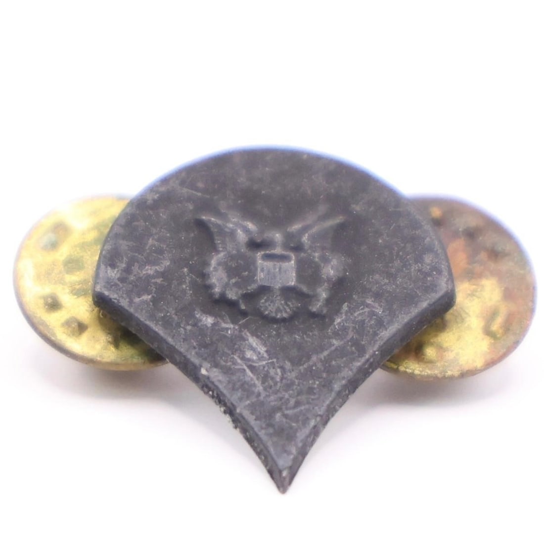 Vintage US Army SP4 E4 Collar Device: This is a vintage US Army Specialist Four (SP-4, E-4) collar device, which is a type of military insignia and collectible item. The insignia is a subdued, black metal material, designed to be worn on