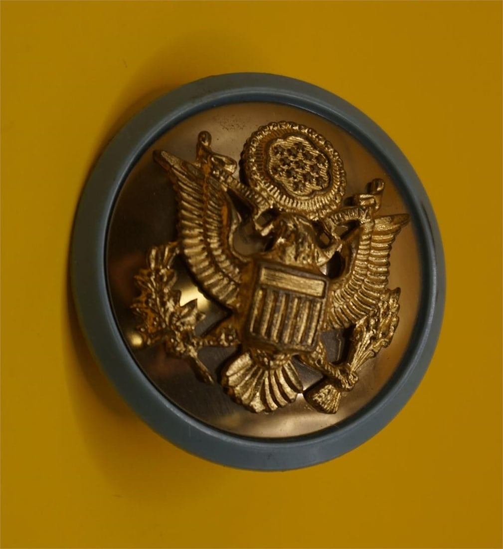 WWII US Army Officer's Cap Insignia: This is a US Army Officer's cap insignia, also known as a service cap device. It features the Coat of Arms of the United States, which is a common military cap badge design distinguishing the wearer's
