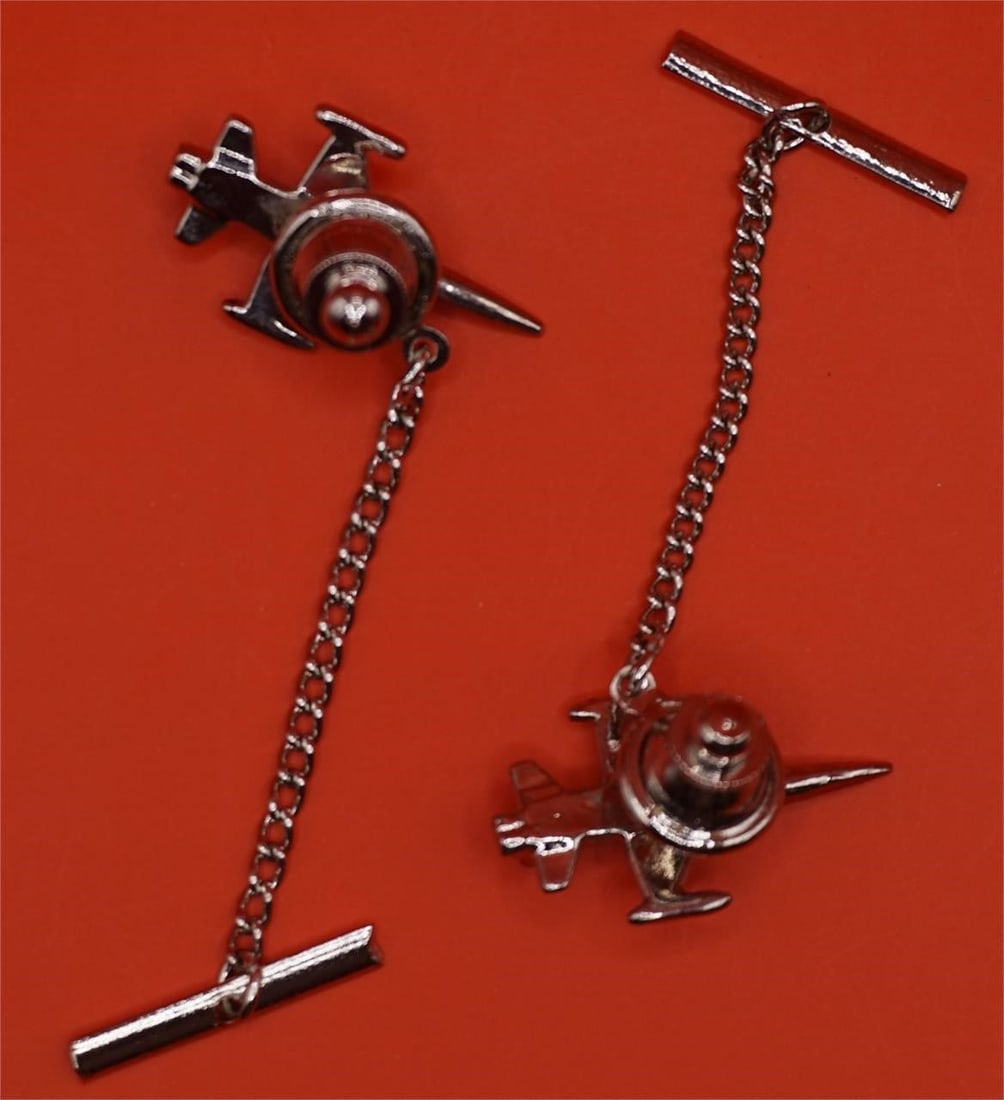 Silver Tone Airplane Tie Tacks Set - 2