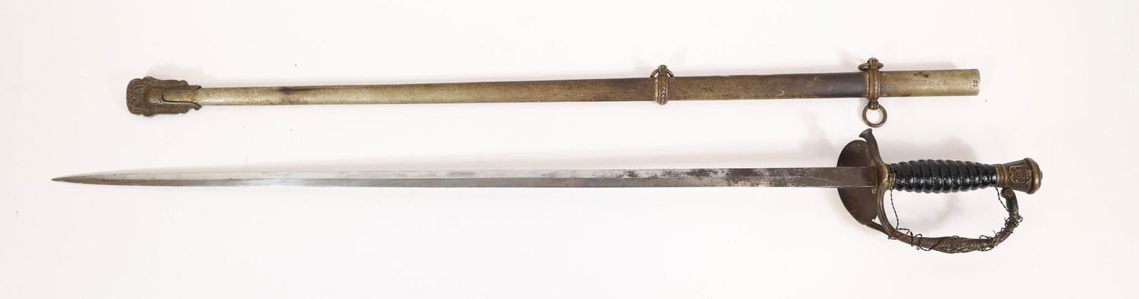 Loyal Order Of Moose Fraternal Sword: Early LOOM (Royal Order of Moose Drill Team) presentation sword, nicely made of brass, featuring a straight blade, decorative guard, and wire-wrapped grip. Includes metal scabbard with suspension