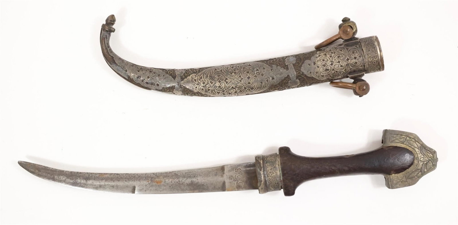 Antique Wood and Brass Dagger Knife Khanjar: Second half of the 19th century displays the characteristics which you look for in a precolonial example. 9 1/8" s.e./d.e. blade thick, well-crafted with tool finish. Wood hilt with engraved sheet