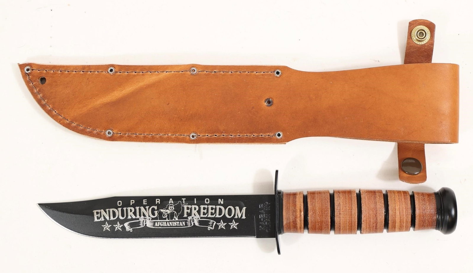 Ka-bar Oef Afghanistan Usn Clip 11.87" Knife: This Ka-bar Oef Afghanistan Usn Clip 11.87" Knife Is Laser Engraved To Honor Those Who Served In Afghanistan. It Features A 7-inch Clip Point Blade Made From 1095 Cro-van Steel With A Flat Grind And