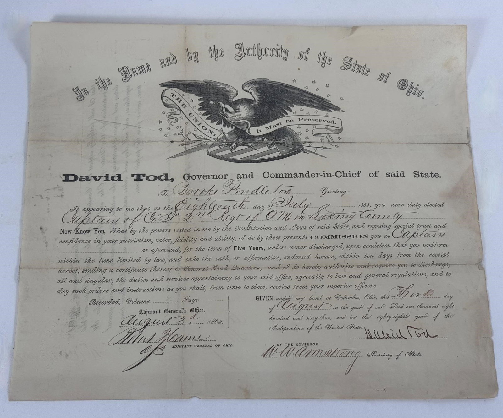 Civil War Ohio Military Commission, 1863: Original 1863 Ohio military commission issued by Governor David Tod, appointing an officer during the American Civil War. Document features the Ohio state eagle vignette, period signatures, and origin