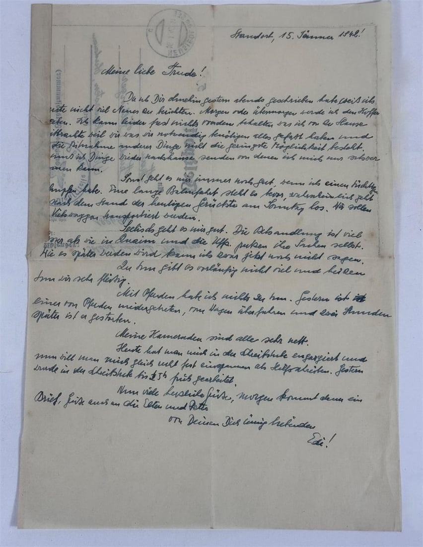 WWII German Handwritten Letter, Hamburg 1942: Original handwritten German letter dated January 15, 1942, sent from Hamburg. Written in ink on period paper, showing original folds and postal markings, with age-appropriate wear.