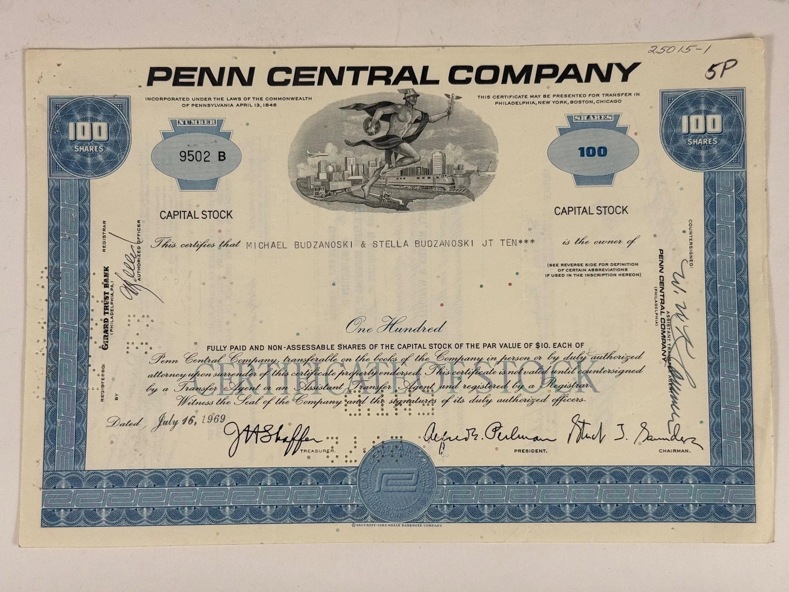 Penn Central Company Stock Certificate (1 of 2)