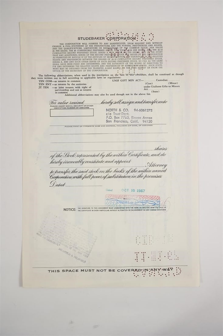 Studebaker Corporation Stock Certificate - 2