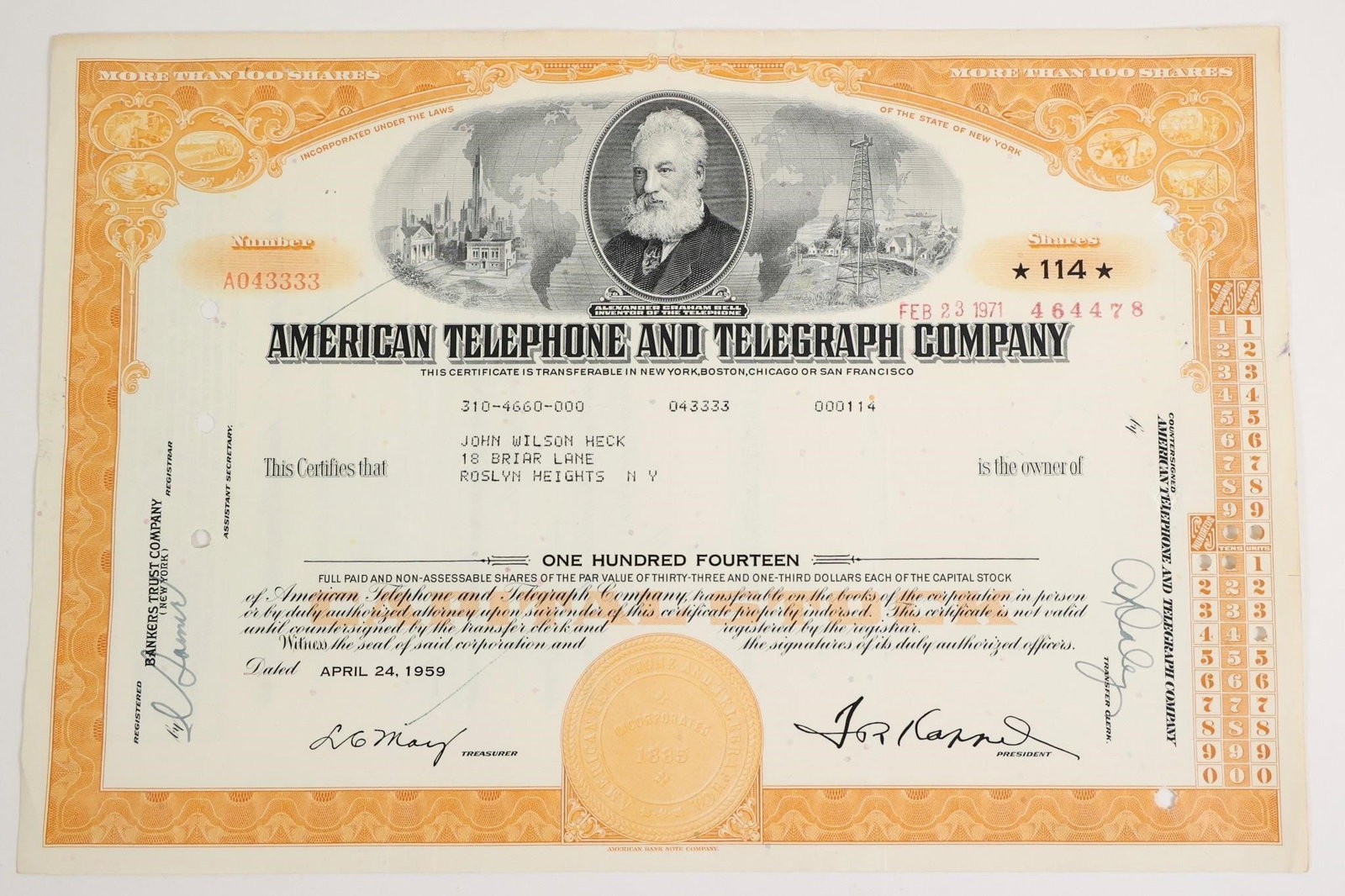 Telephone and Telegraph Company: This is an American Telephone and Telegraph Company (AT&T) stock certificate. Issued on April 24, 1959, to John Wilson Heck.