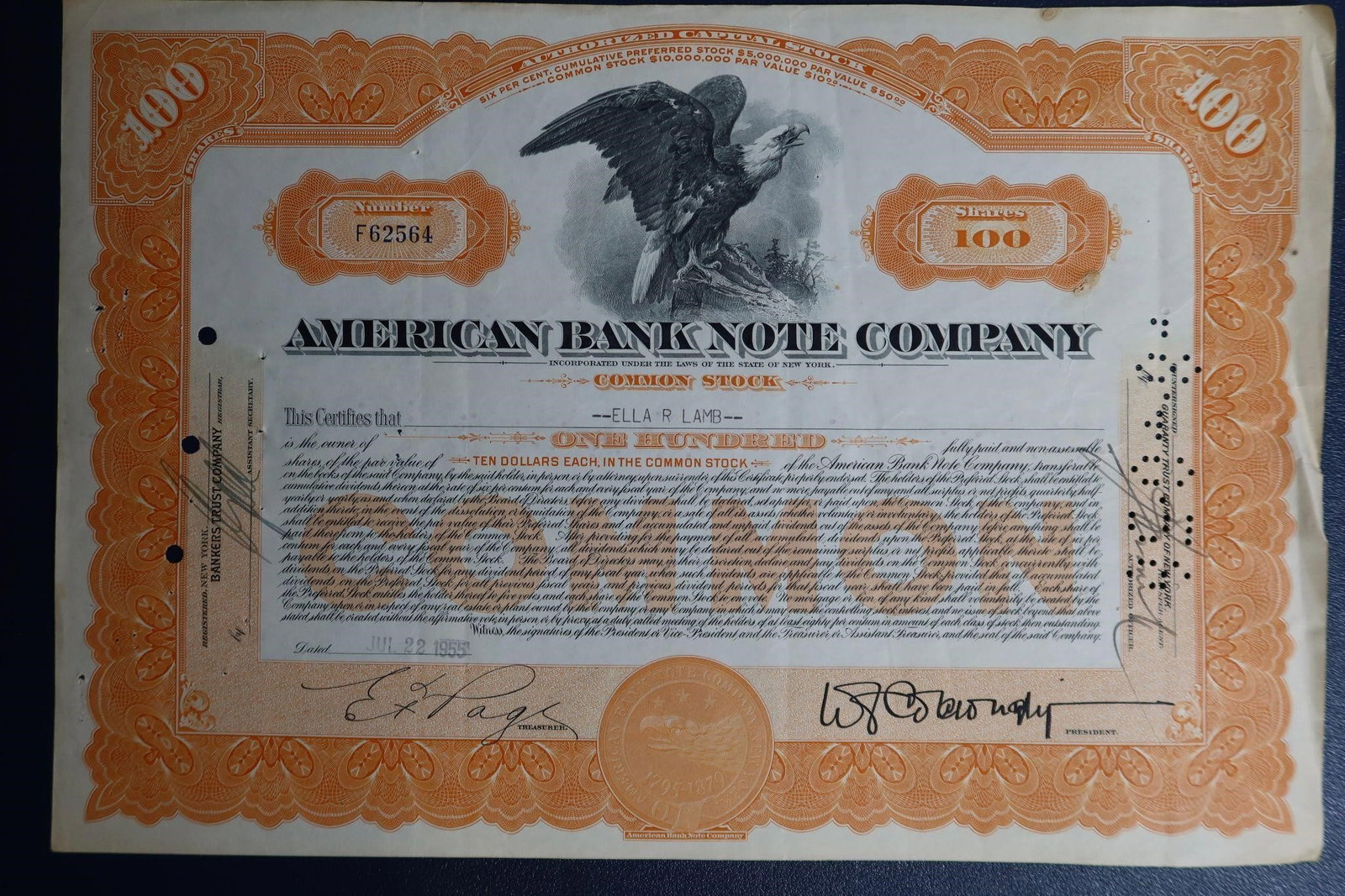 American Bank Note Co. Common Stock Certificate: An American Bank Note Company common stock certificate, issued in 1954. The company was a premier printer of high-quality stocks, bonds, and currency, known for making its certificates secure against