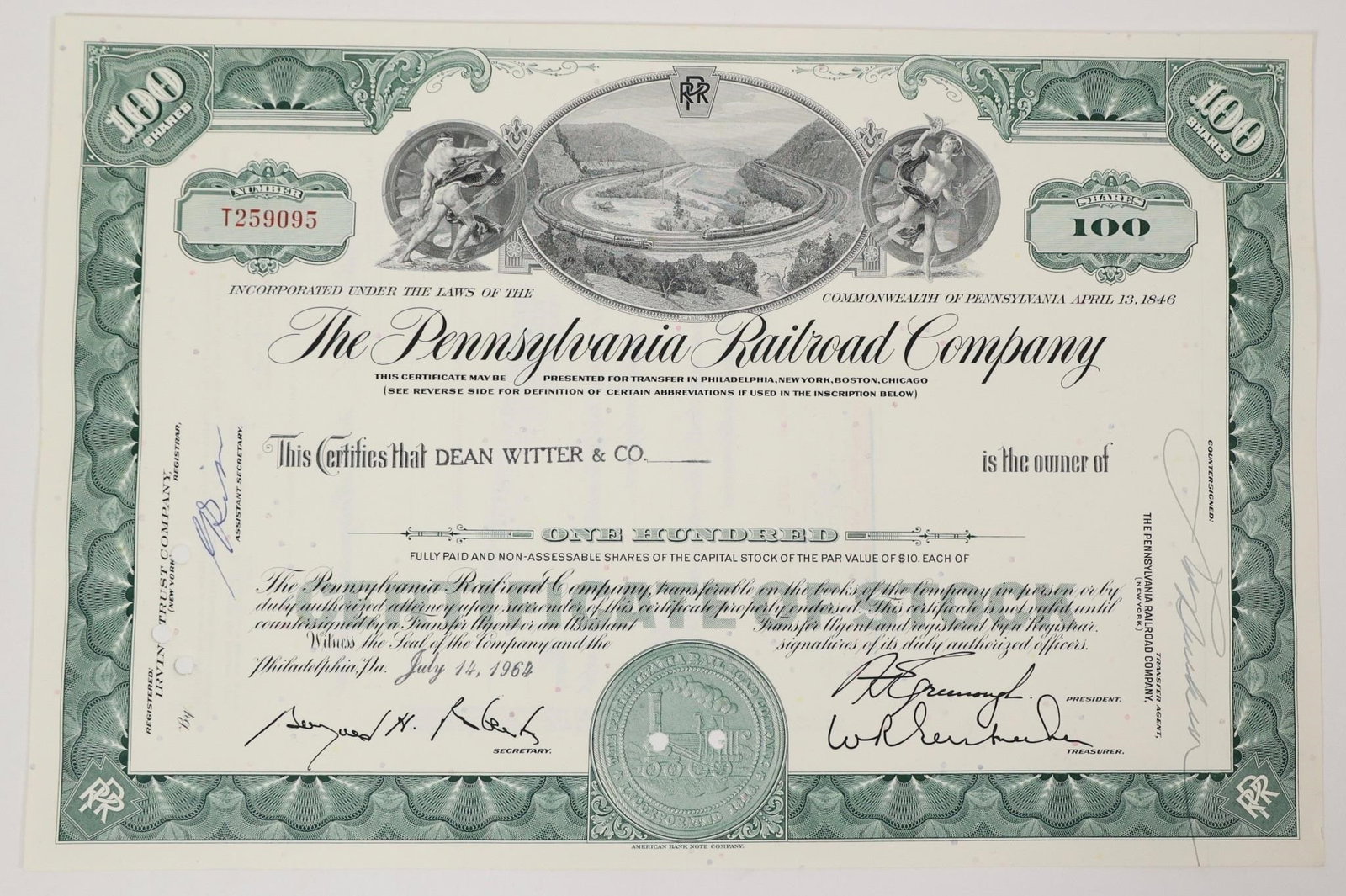 Pennsylvania Railroad Stock Certificate 1964 (1 of 2)