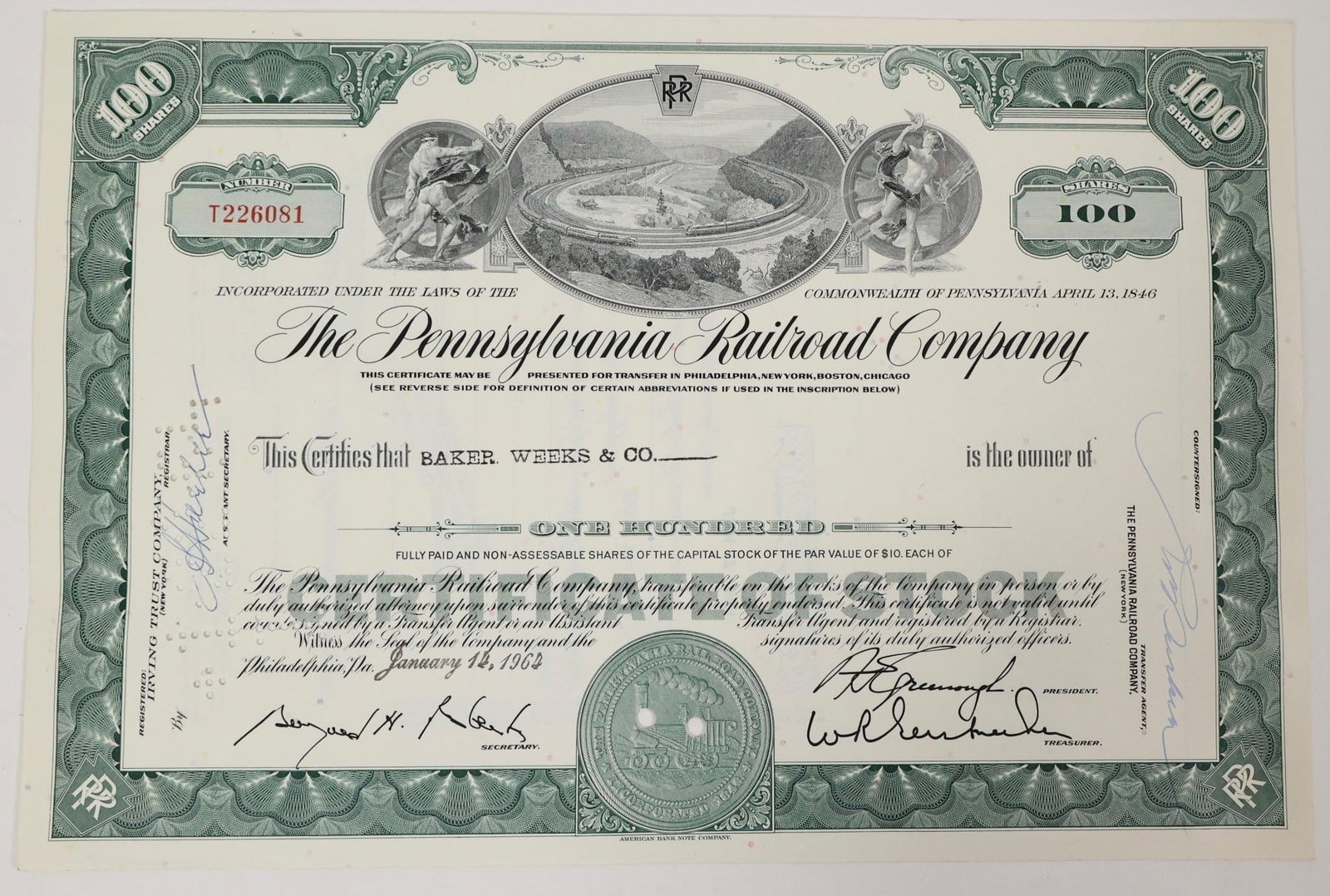 Pennsylvania Railroad Stock Certificate 1964 (1 of 2)