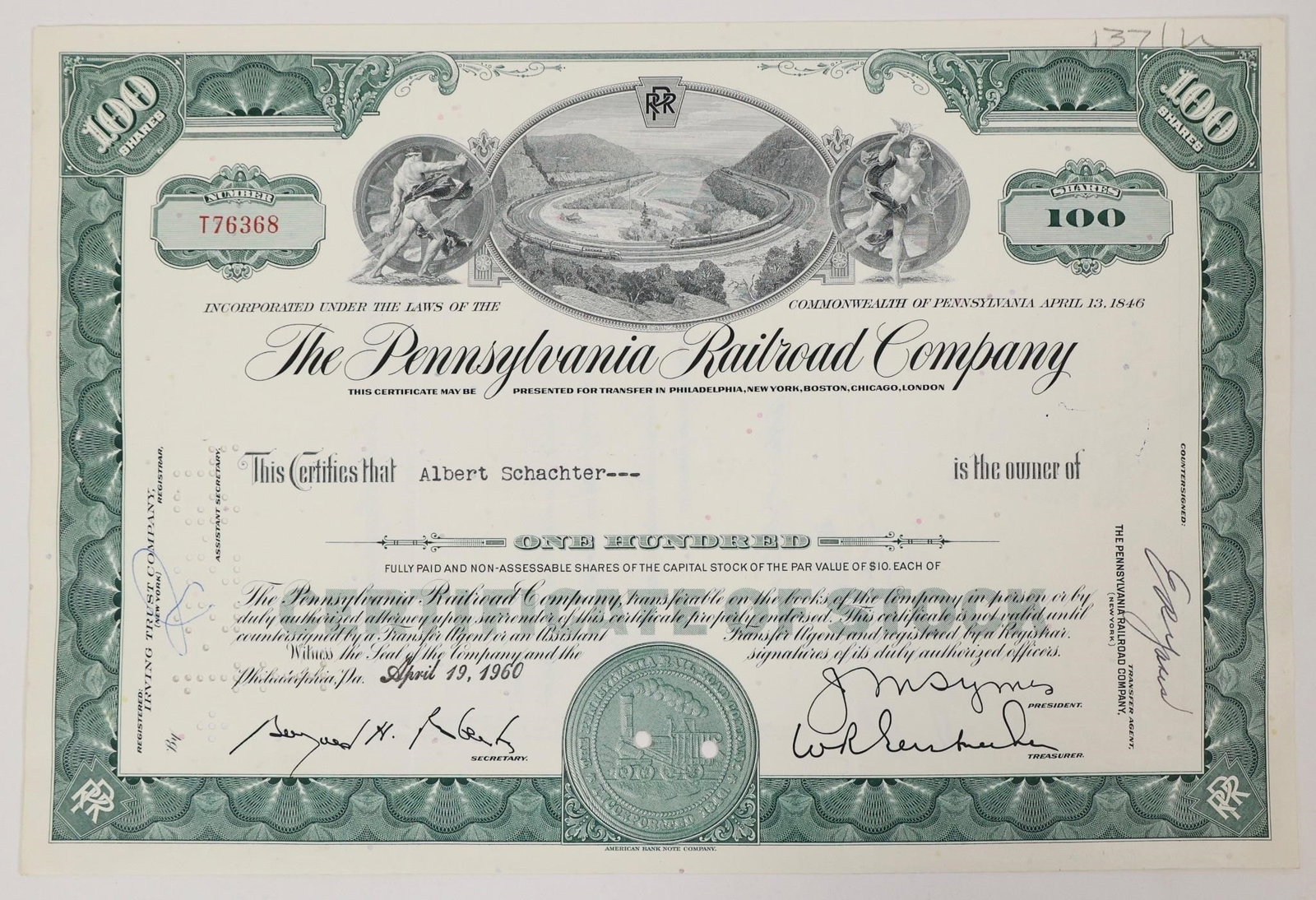 Pennsylvania Railroad Stock Certificate 1960 (1 of 2)