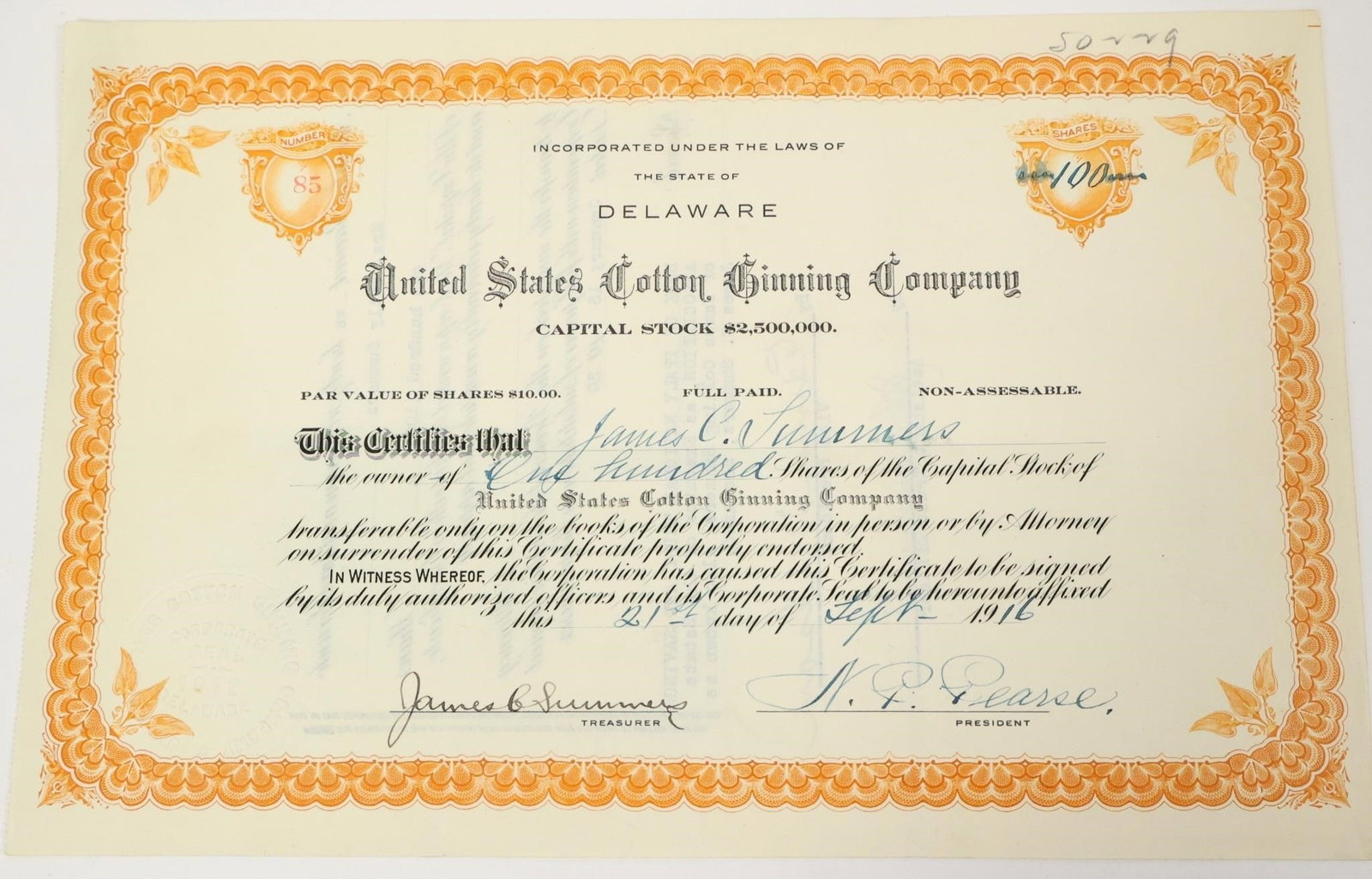United States Cotton Ginning Stock Certificate: Collectible stock certificate for the United States Cotton Ginning Company, issued in 1916. September 21, 1916.