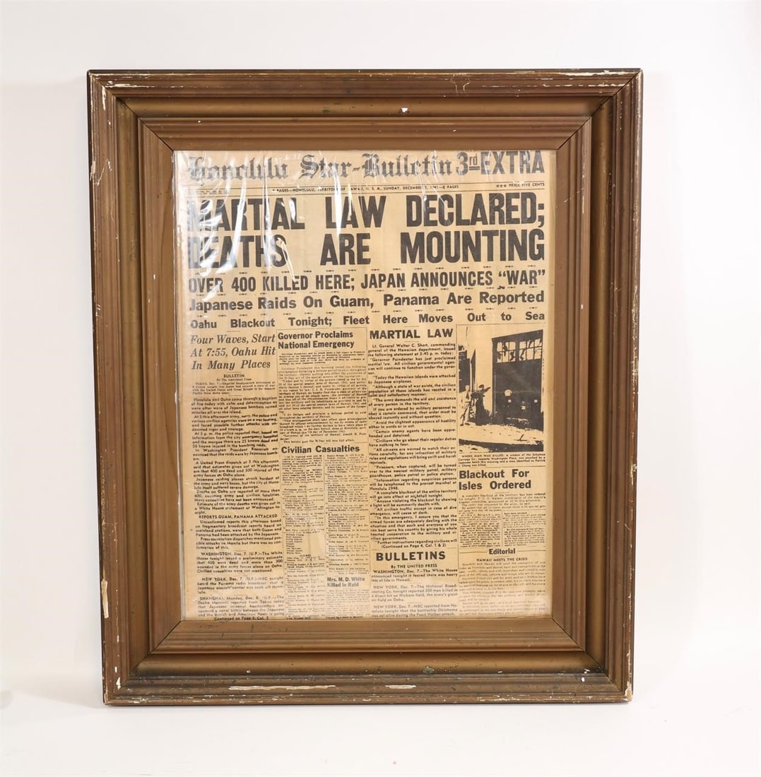 Honolulu Star Pearl Harbor Attack Newspaper: Honolulu Star - Bulletin December 7, 1941 3rd Extra Newspaper Announcing Martial Law Declared as a Result of the Pearl Harbor Attacks Note* Has not been removed from frame to check for completeness