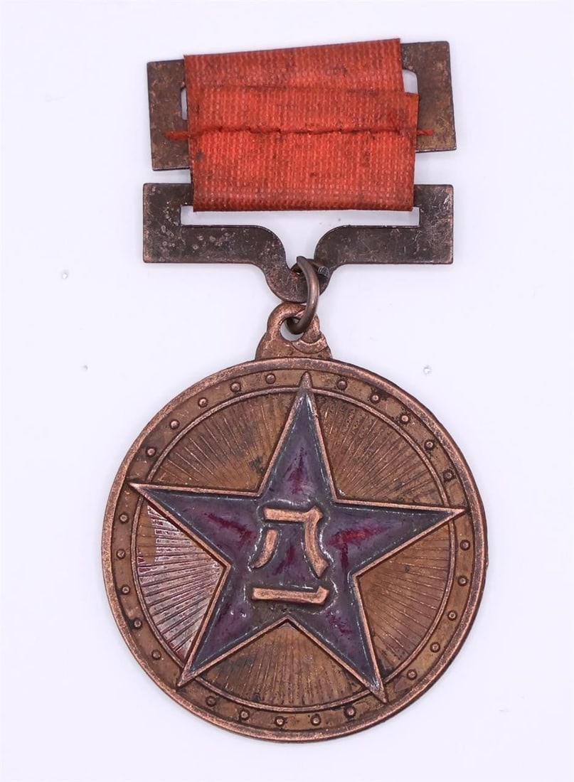 Chinese Military/Commemorative Medal: The medal is a five-pointed star design with a central character, suspended from a red ribbon and a metal bar with a pin. The character in the center of the star appears to be "" (b), which means