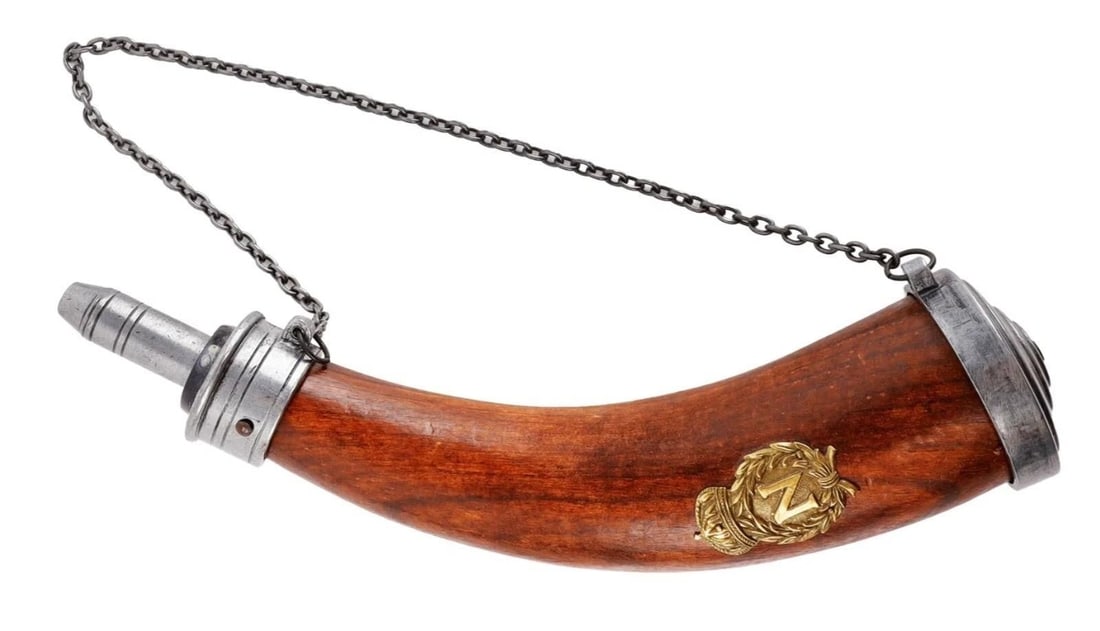 SECOND FRENCH EMPIRE NAPOLEONIC POWDER HORN: A powder horn from the Second French Empire. Dark wood with metallic fittings. imperial N on side. 11.5 inches measured along the curve. Very good, original condition.