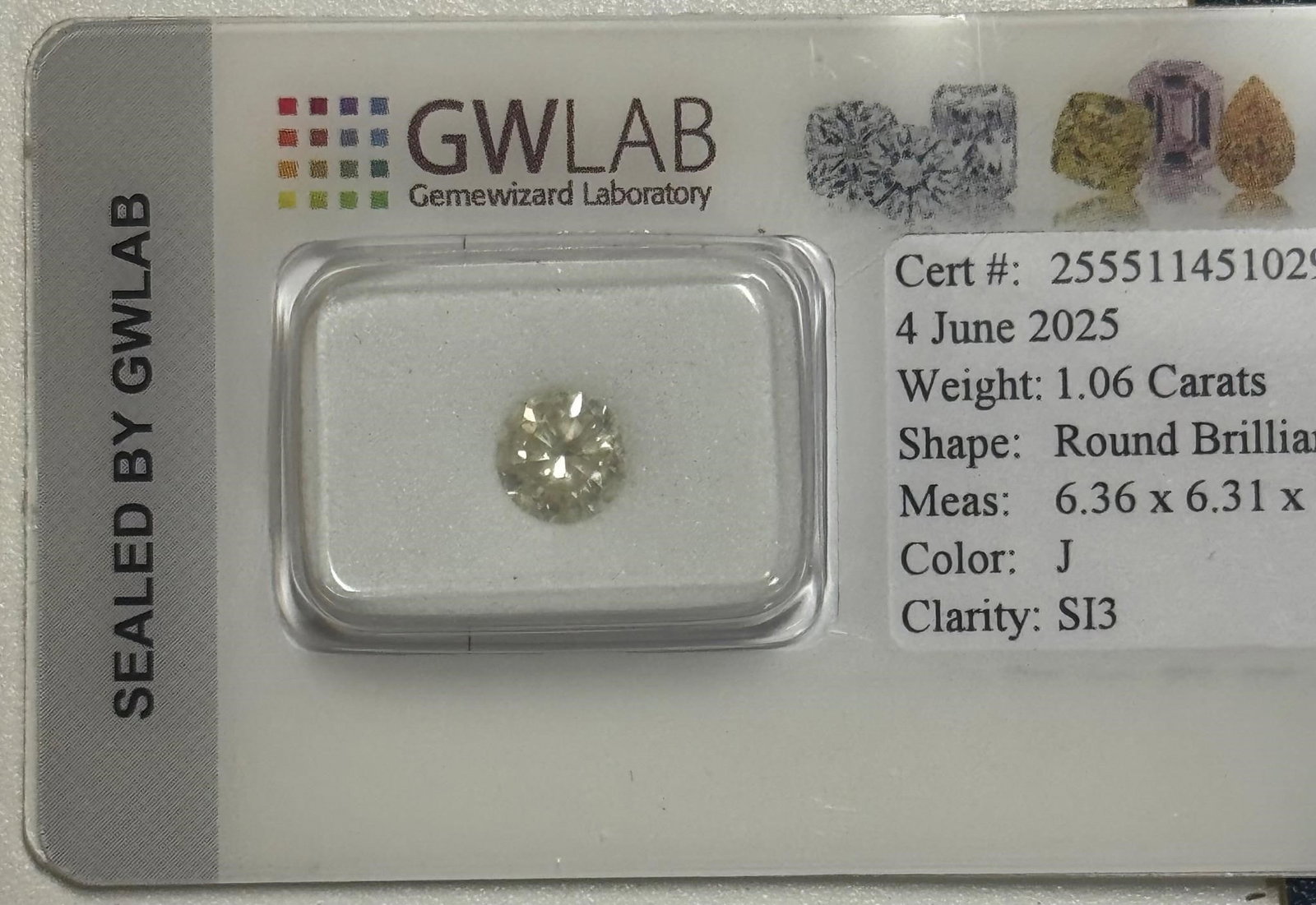 Natural Round Diamond 1.06 Ct: 1 pcs Diamond (Natural) - 1.06 ct - Round - J - SI3 -Gemewizard Gemological Laboratory (GWLab)