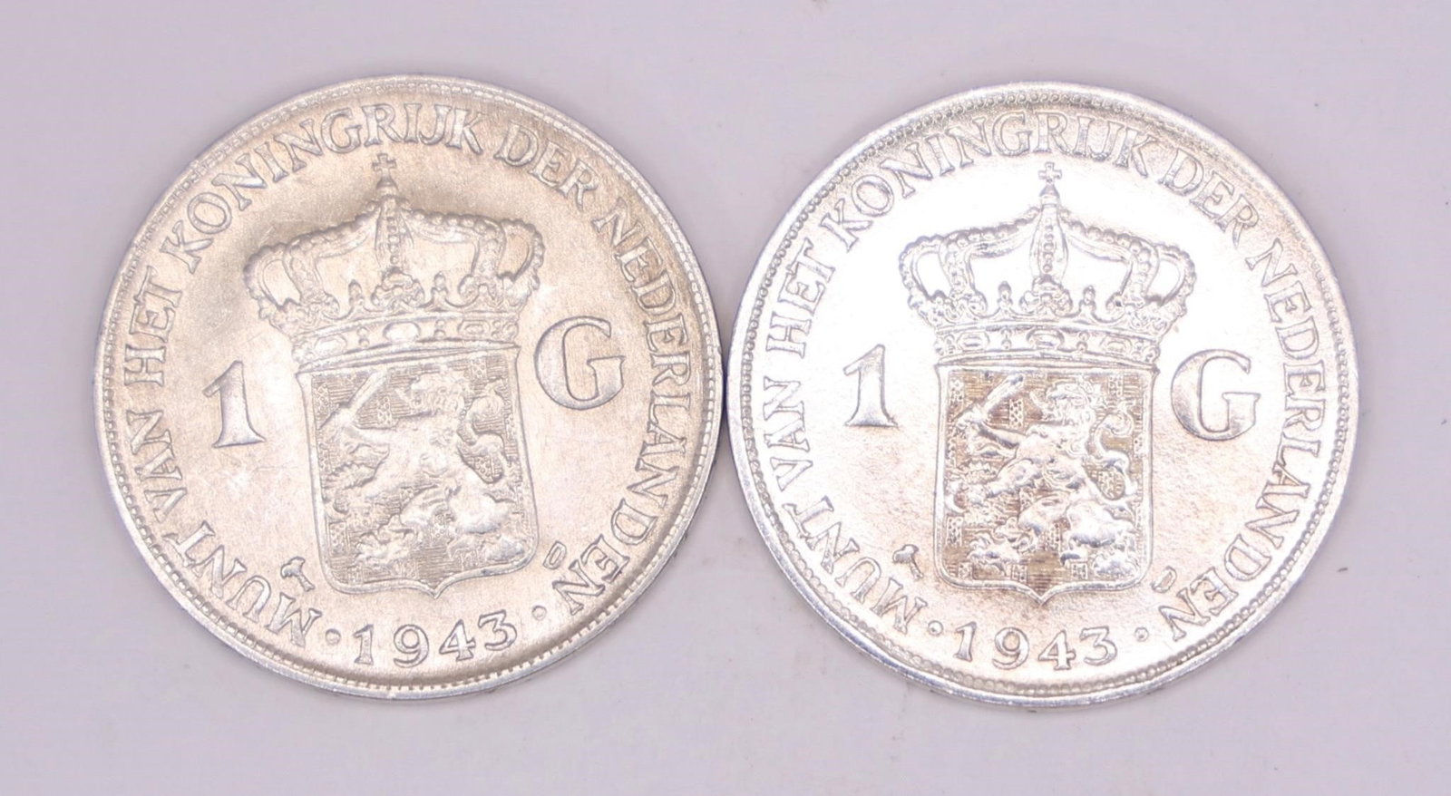 1943 Netherlands Queen Wilhelmina Silver Gulden: Two 1943 Netherlands silver 1 Gulden coin featuring Queen Wilhelmina, struck in .720 silver.