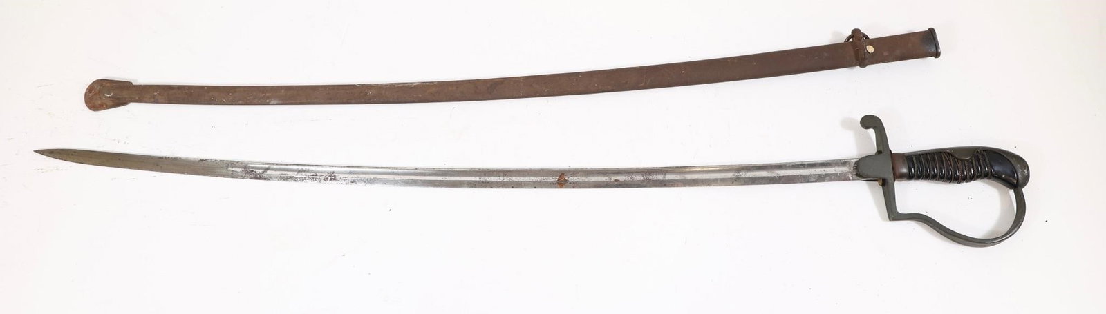 WWII German NCO Sword and Scabbard by Alexander: Coppel - ricasso stamped with an ACS maker's mark, wire wrapped bakelite grip is cracked, shows finish loss, overall as found original condition with a non-matching numbers scabbard.