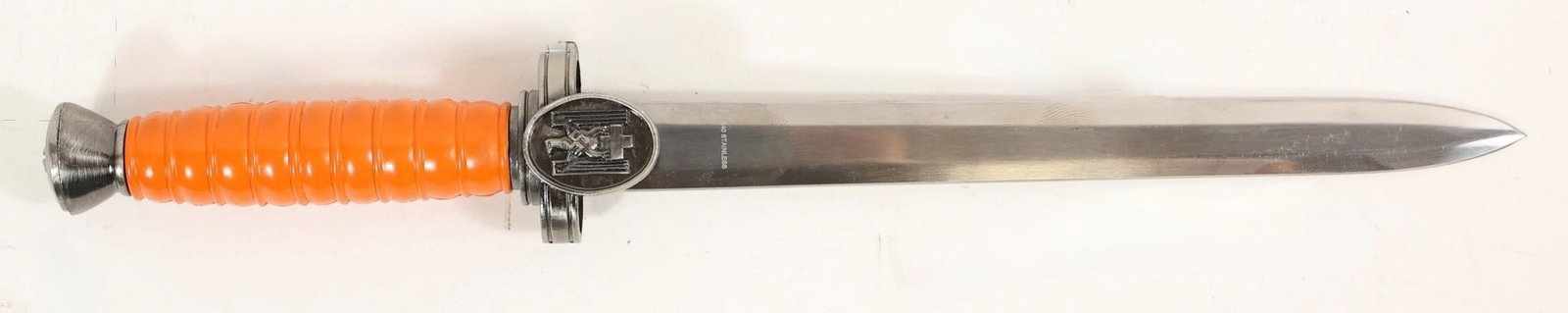WWII German Red Cross Officer's Dagger/DECOR: This decorative World War II German Red Cross Officer's dagger is modeled after the classic Leader's dagger design. It features an eye-catching orange grip paired with oxidized silver-toned fittings