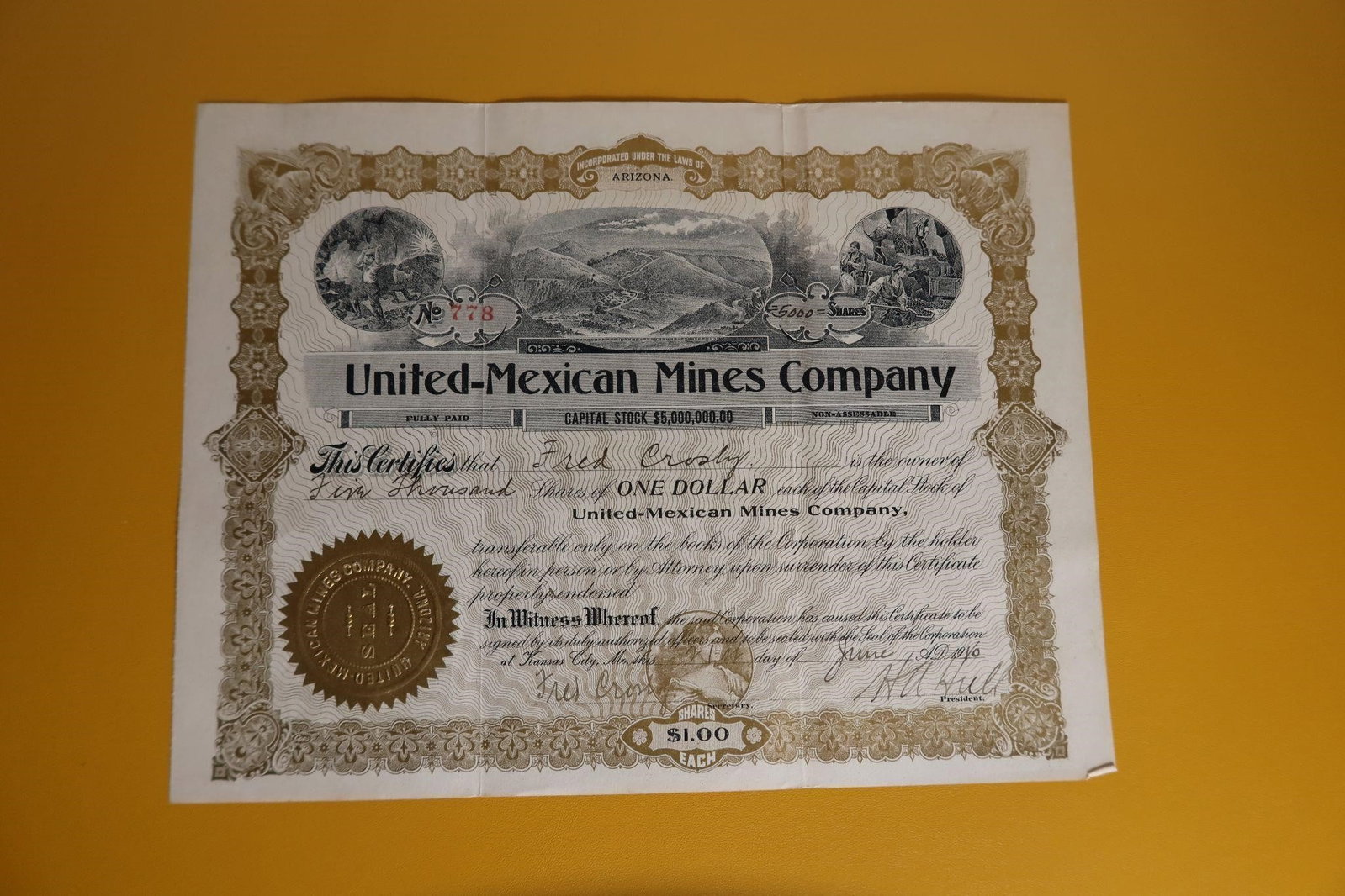 United-Mexican Mines Co. Common Stock Certificate: Collectible United-Mexican Mines Company common stock certificate.Front: The certificate states a capital stock of $5,000,000.00. It indicates that Fred Crosby is the owner of one thousand shares, eac