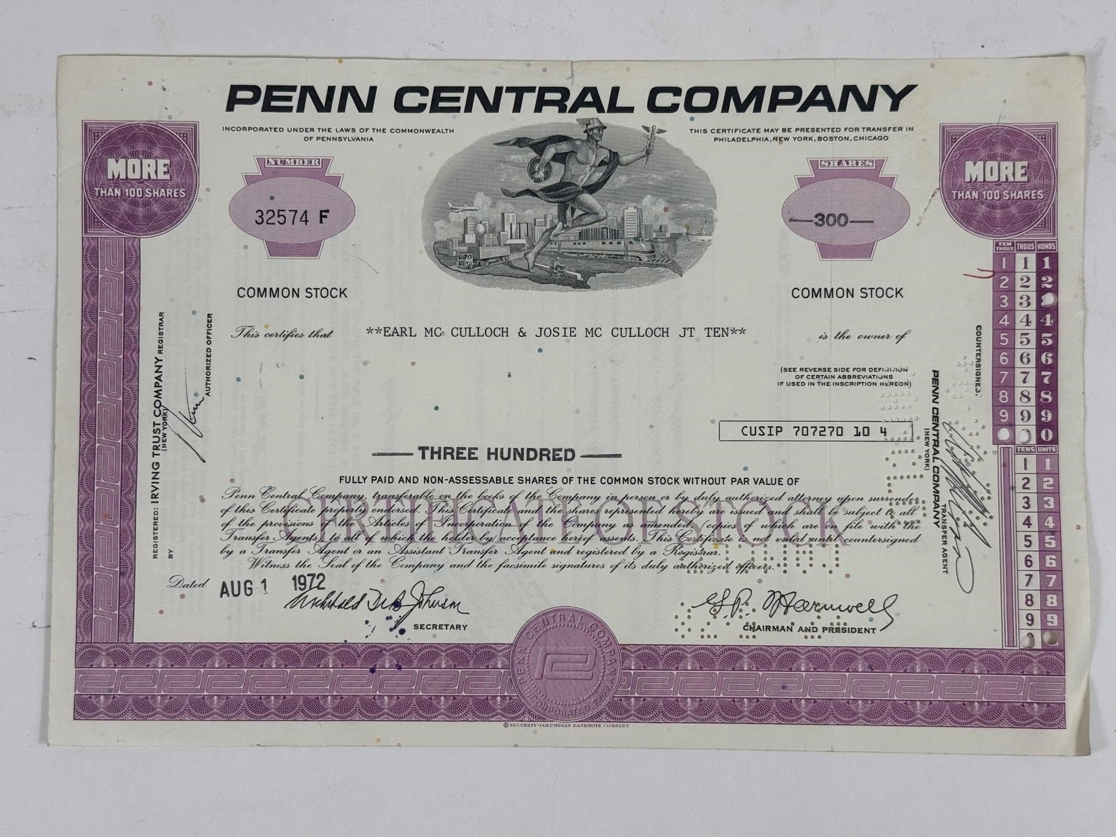 Penn Central Company Stock Certificate: Collectible Penn Central Company stock certificate dated August 1, 1972, representing three hundred (300) shares. These certificates are popular in scripophily circles due to the company's famous and 