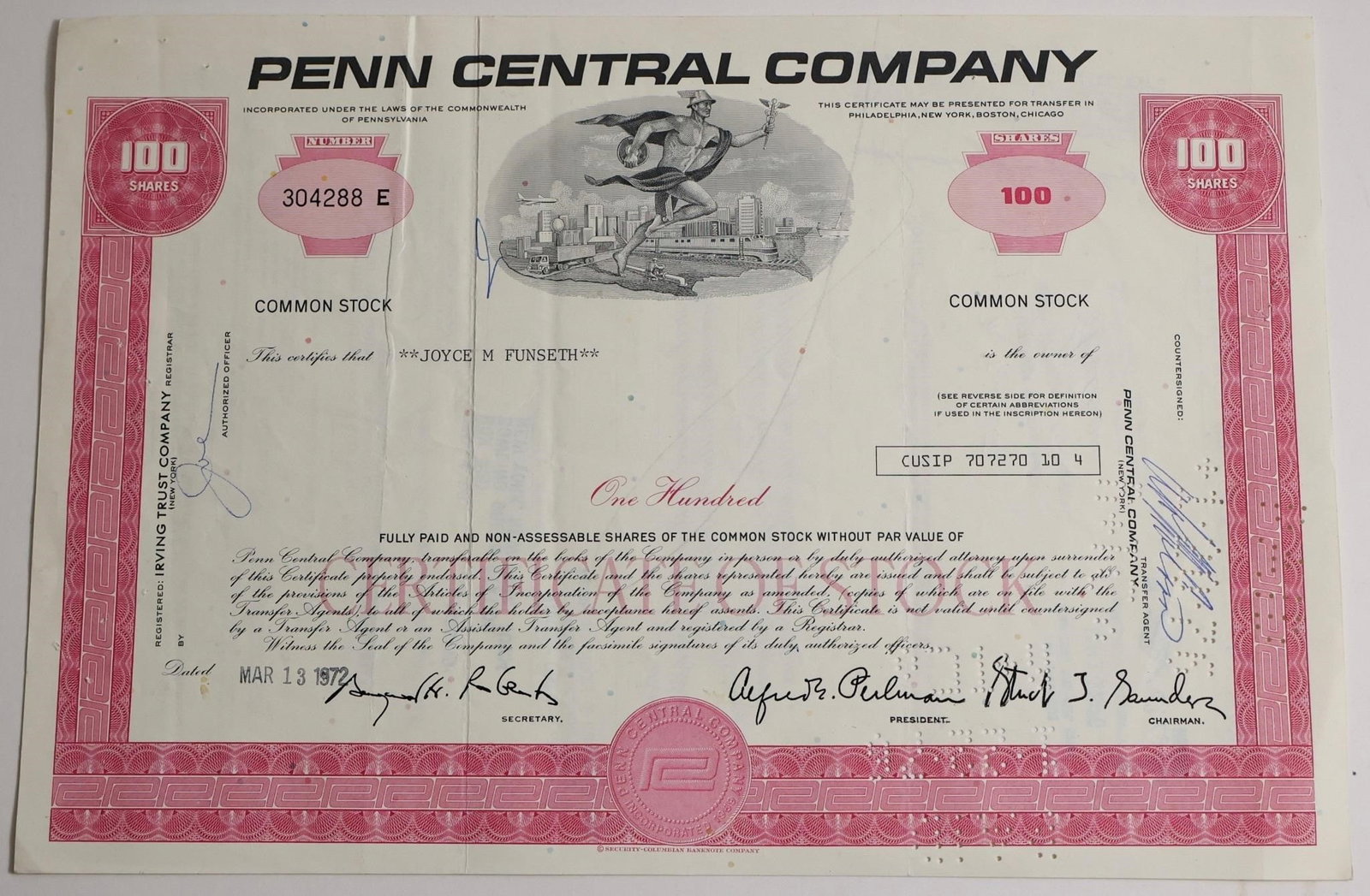 Penn Central Company Vintage Common Stock: A stock certificate from the Penn Central Company, valued today as a historical collectible rather than for stock ownership, featuring traditional engraved design and signatures.