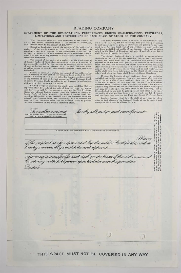 Reading Company First Preferred Stock Certificate - 2