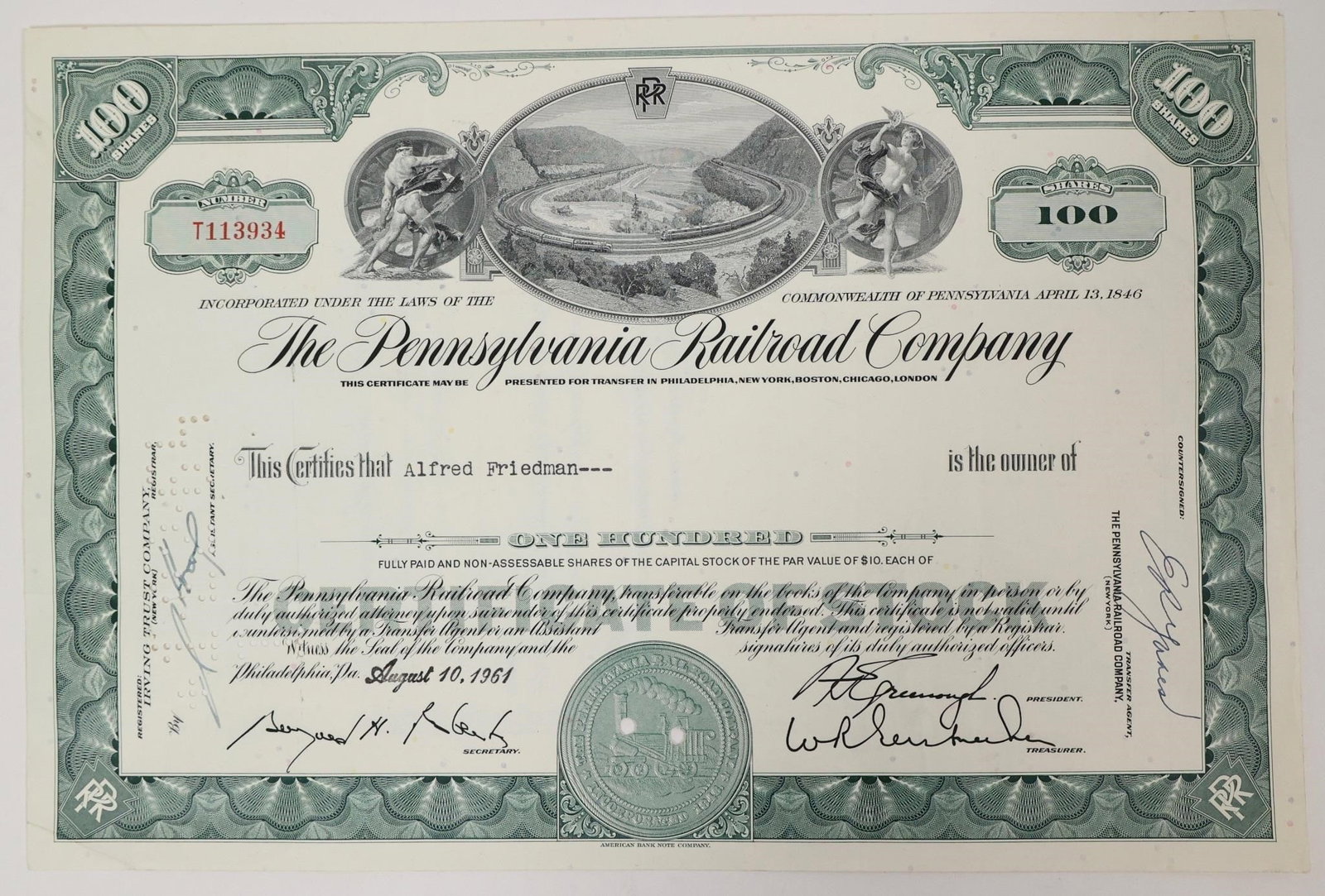 Pennsylvania Railroad Stock Certificate 1961: Vintage Pennsylvania Railroad Company stock certificate for 100 shares, issued on August 10, 1961, to Alfred Friedman.