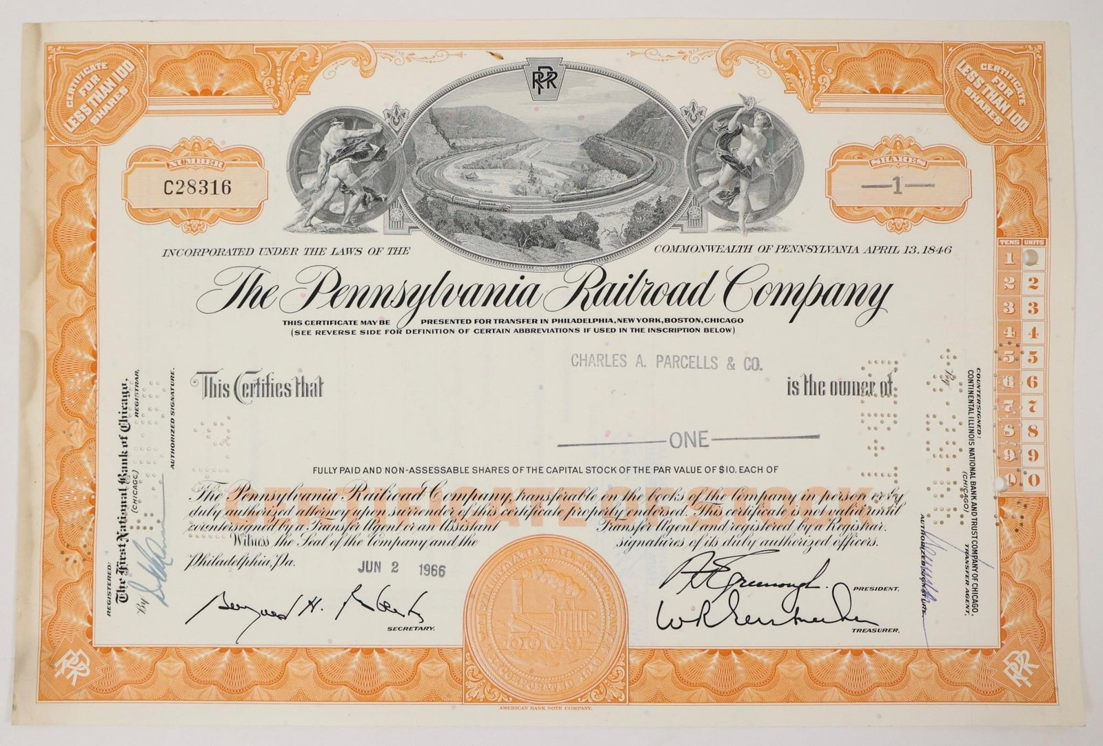 Pennsylvania Railroad Stock Certificate 1966: Vintage Pennsylvania Railroad Company stock certificate. The certificate is a historical collectible featuring an ornate border and a vignette of two allegorical men on both sides of a train going aro