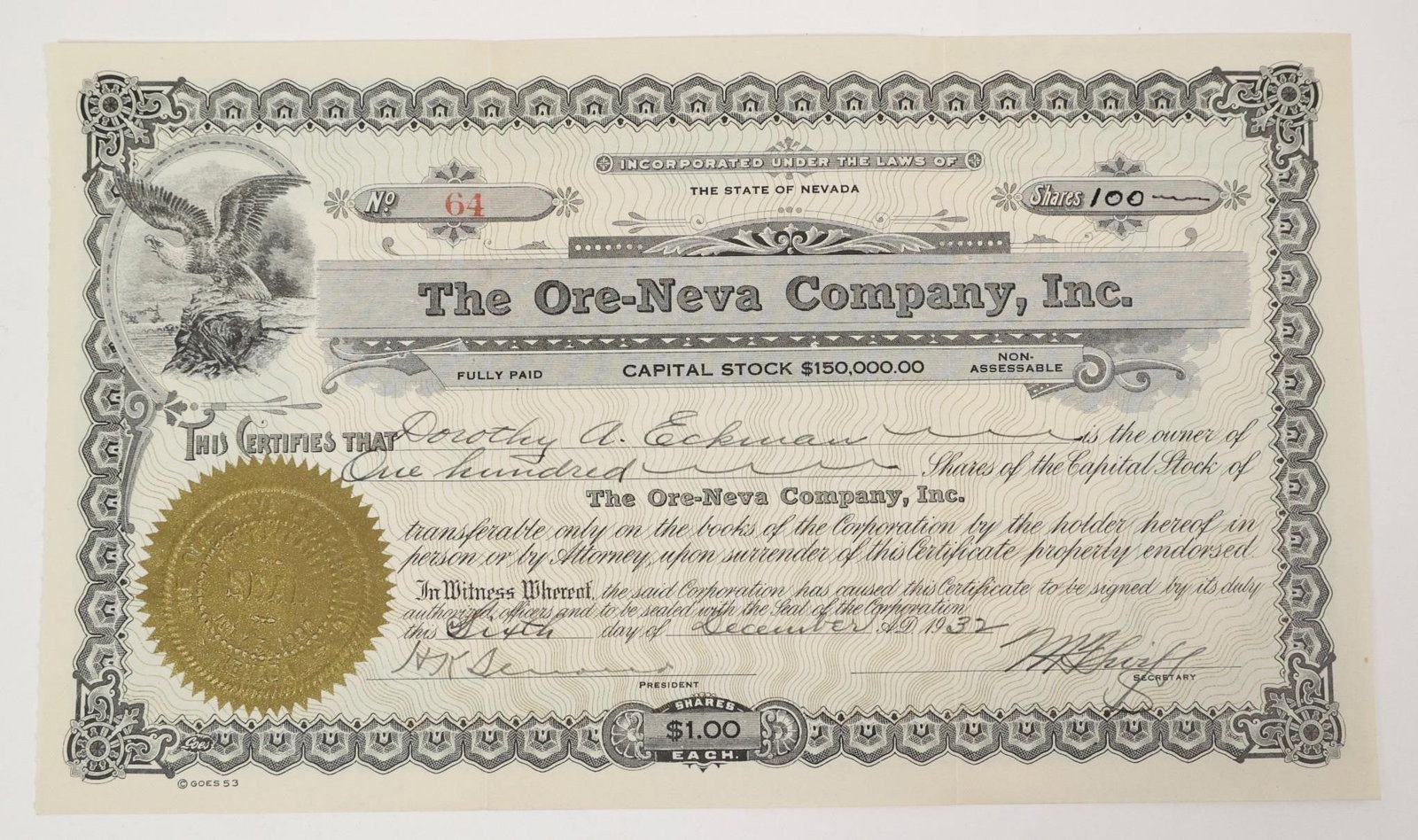 Ore-Neva Company Stock Certificate 1932: Vintage stock certificate for one hundred shares of The Ore-Neva Company, Inc., issued in 1932. The certificate was signed and dated the 15th day of December, 1932.