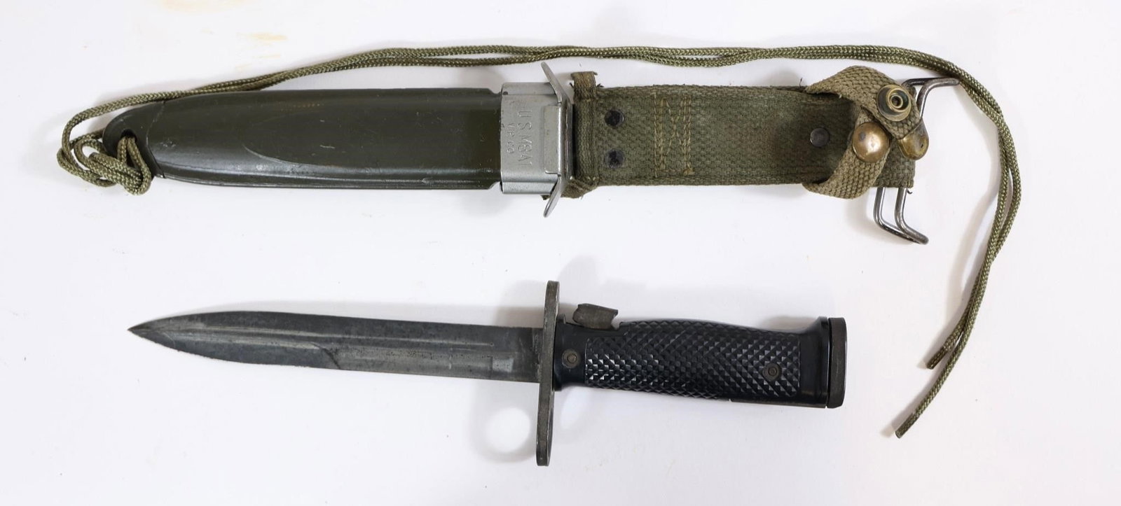US M6 Aerial Bayonet w/ M8A1 Scabbard: US M6 aerial military bayonet with M8A1 (V.P. Co.) scabbard. Includes hanger and cord. Shows typical wear from use.Approx. OL: 11.5"BL: 7"
