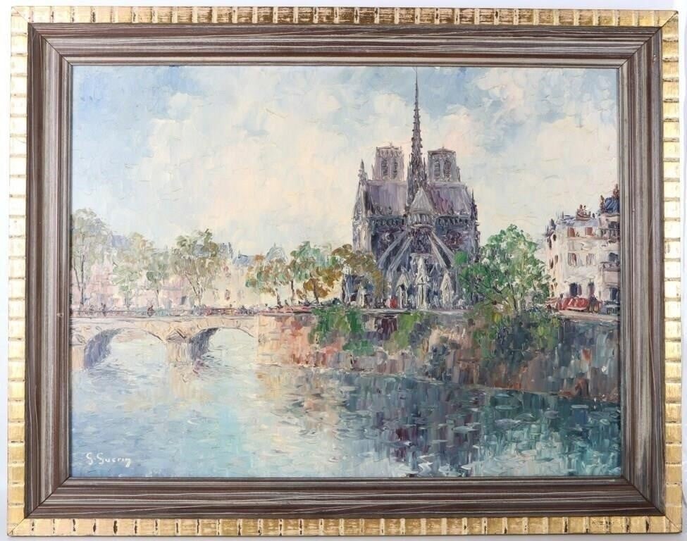 Georges Guérin Notre Dame de Paris Painting, 1960s: Impressionist painting of the cathedral Notre Dame de Paris as seen from the Seine river by Georges Guérin (Oct 24, 1891Écrouves, France - Mar 15, 1972 Paris, France) c. 1960's. The frame is a rusti