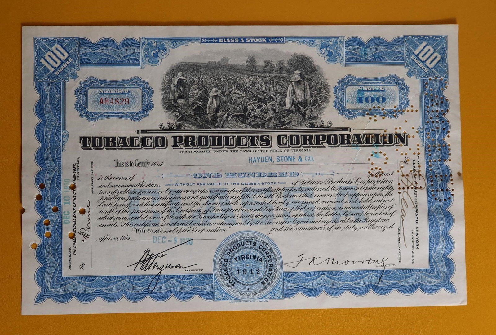 Tobacco Products Corporation Stock Certificate (1 of 2)