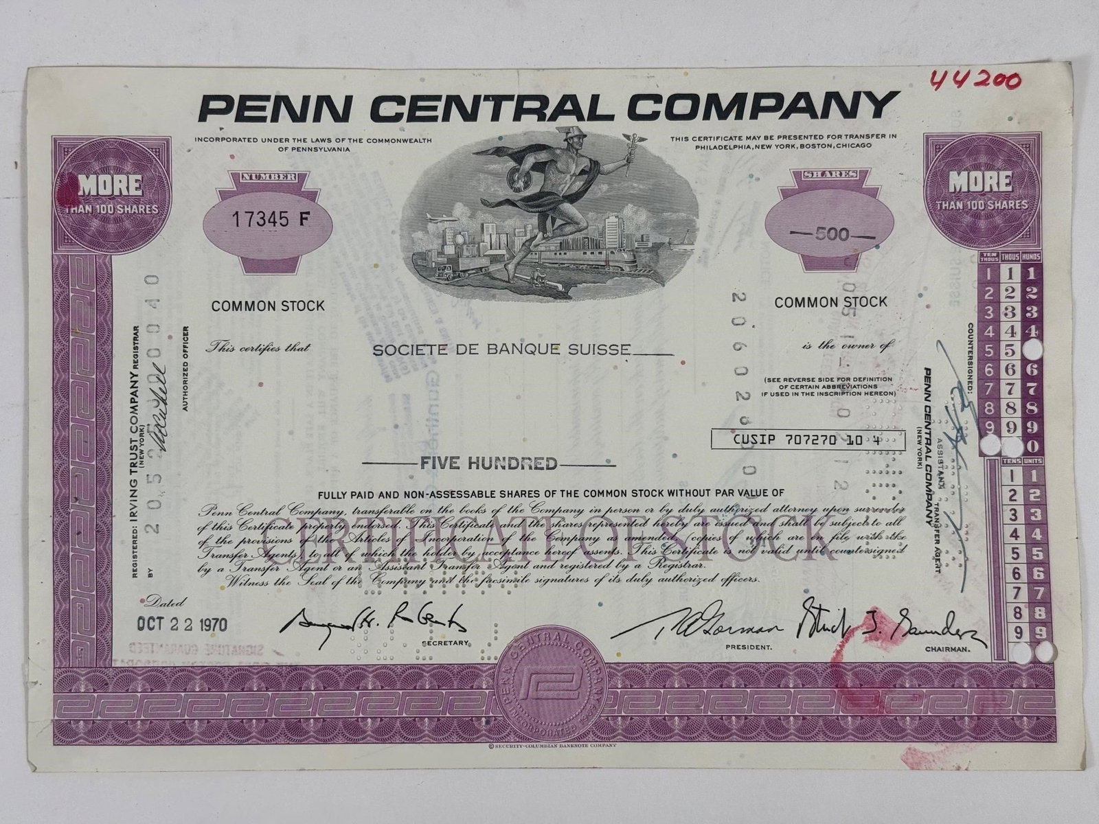 Penn Central Company Stock Certificate (1 of 2)