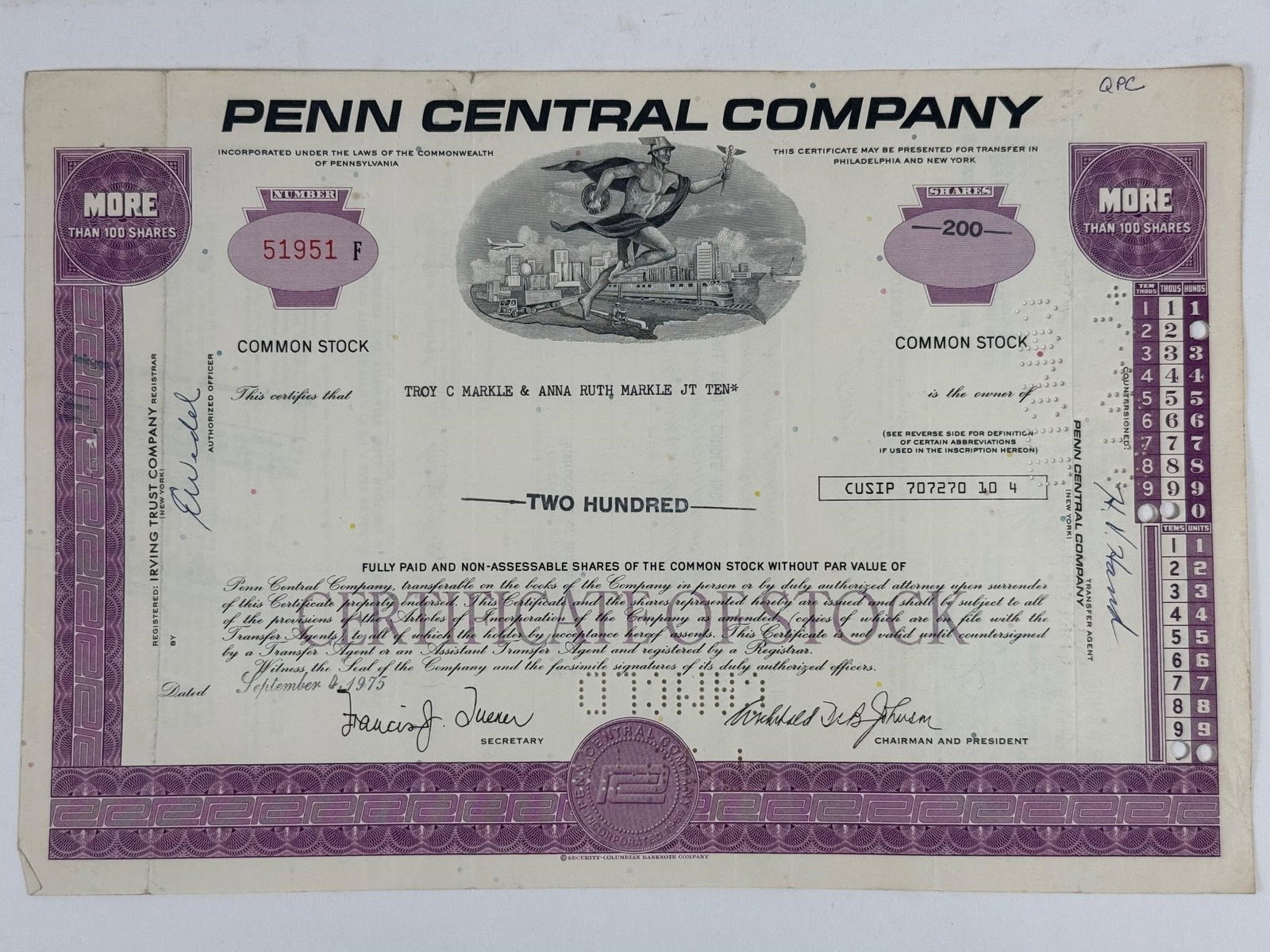 Penn Central Company Common Stock Certificate (1 of 2)