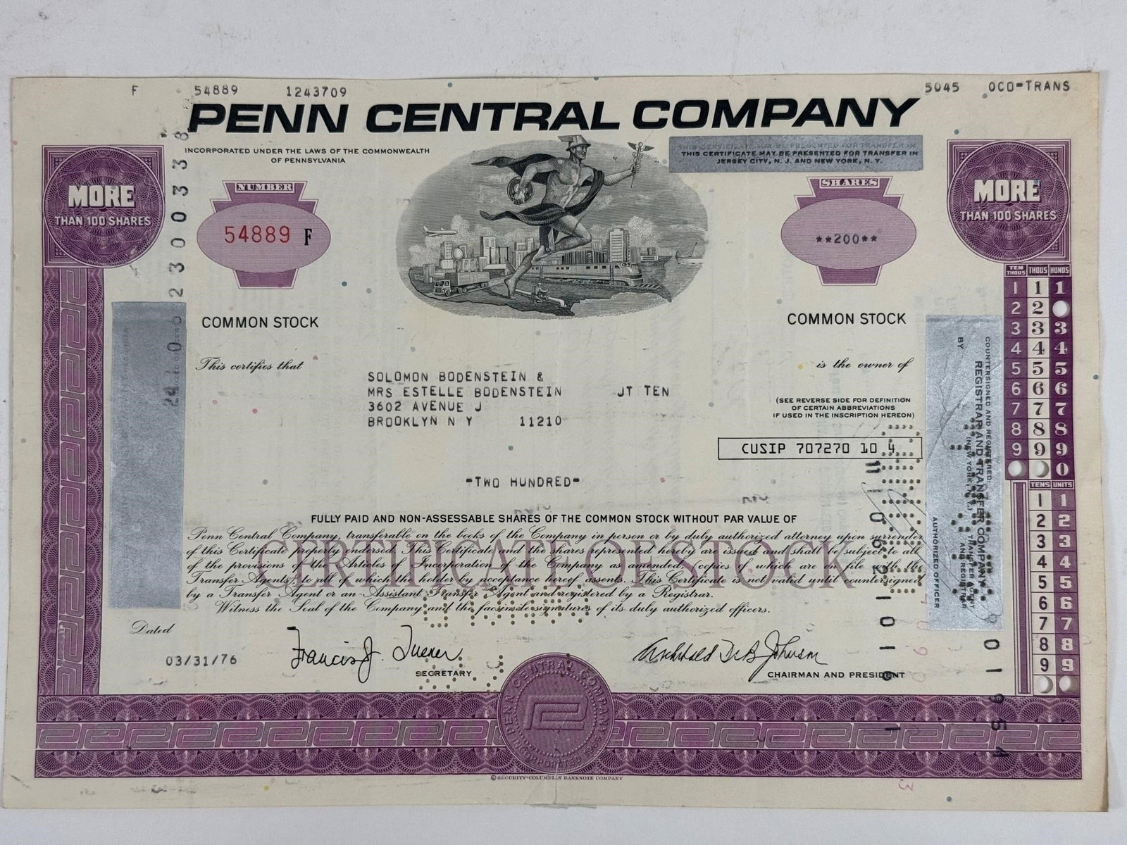 Penn Central Company Common Stock Certificate: Collectible common stock certificate for the Penn Central Company issued to Moore Leonard & Lynch Inc, with no date.