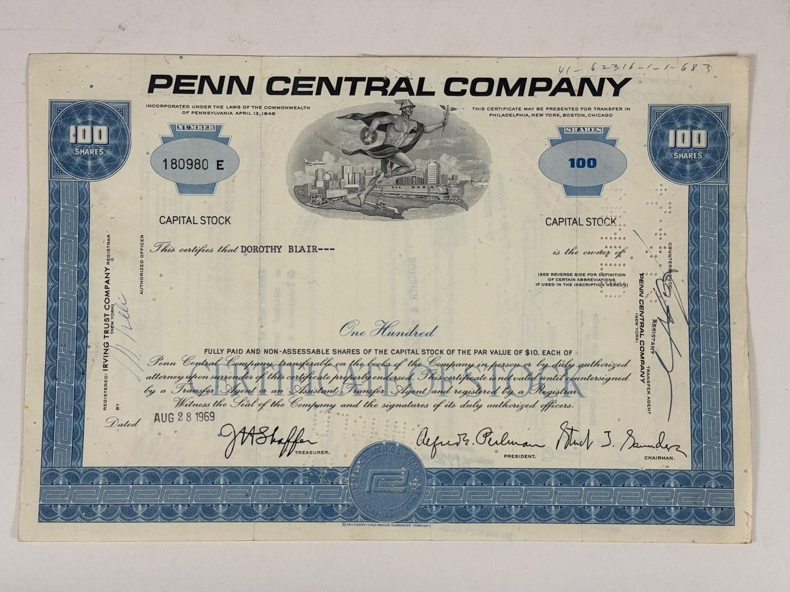 Penn Central Company Stock Certificate (1 of 2)