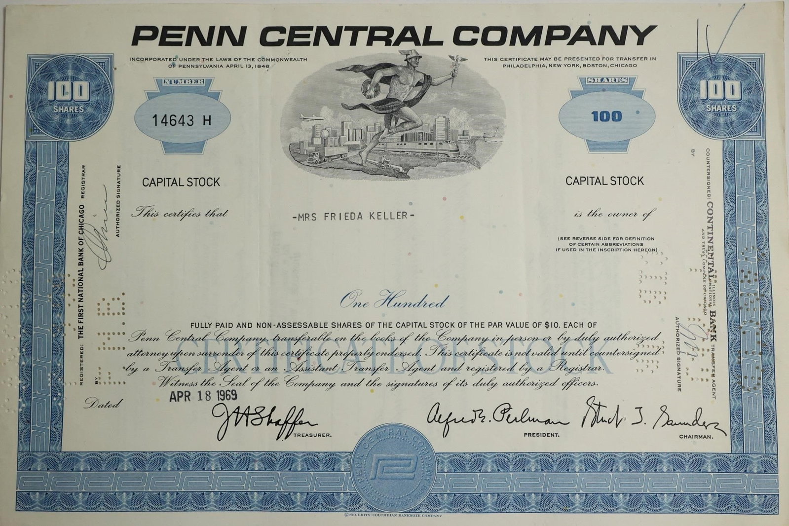 Penn Central Company Stock Certificate: Collectible Penn Central Company stock certificate dated April 18, 1969.